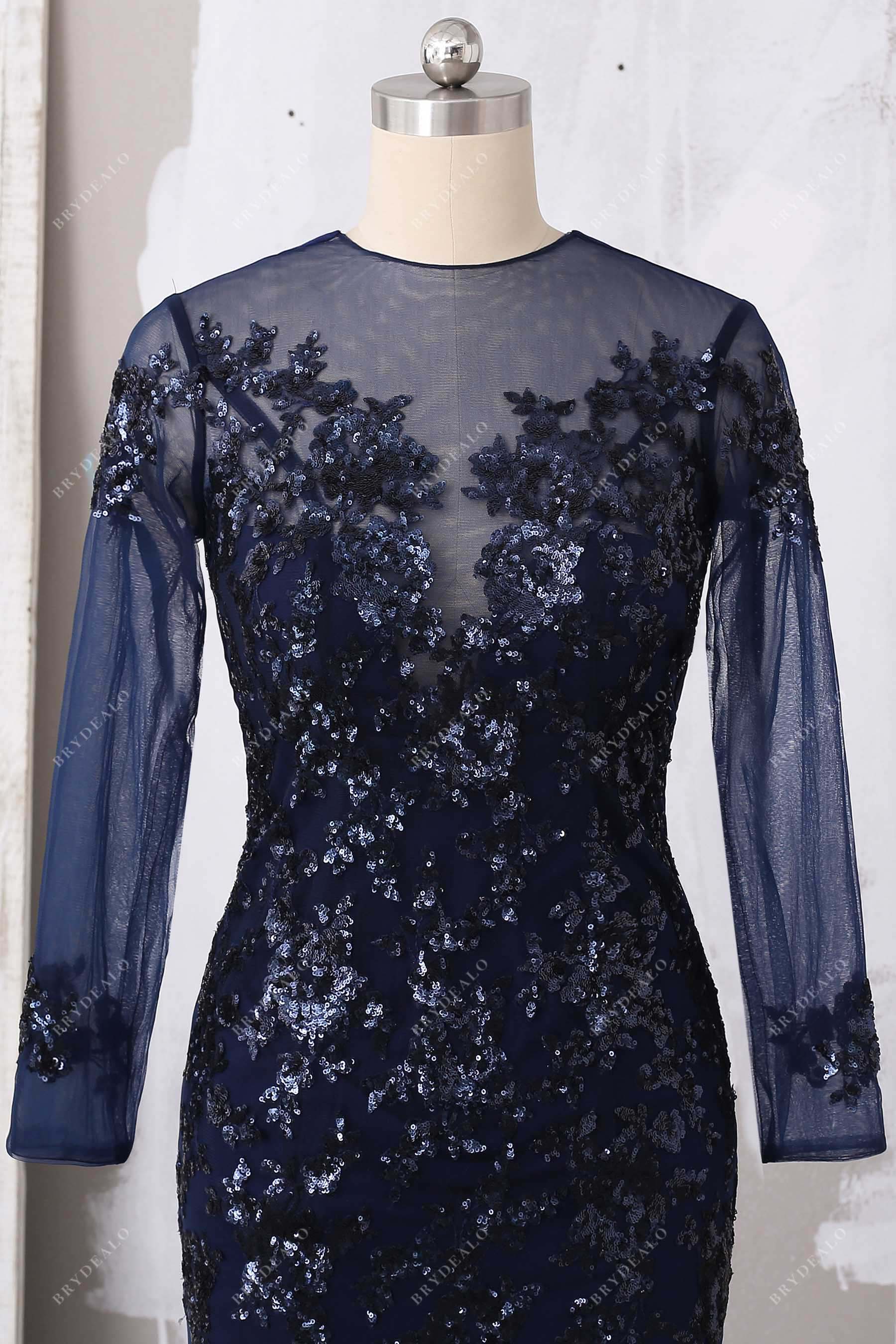 shimmery sequin sheer long sleeves formal dress