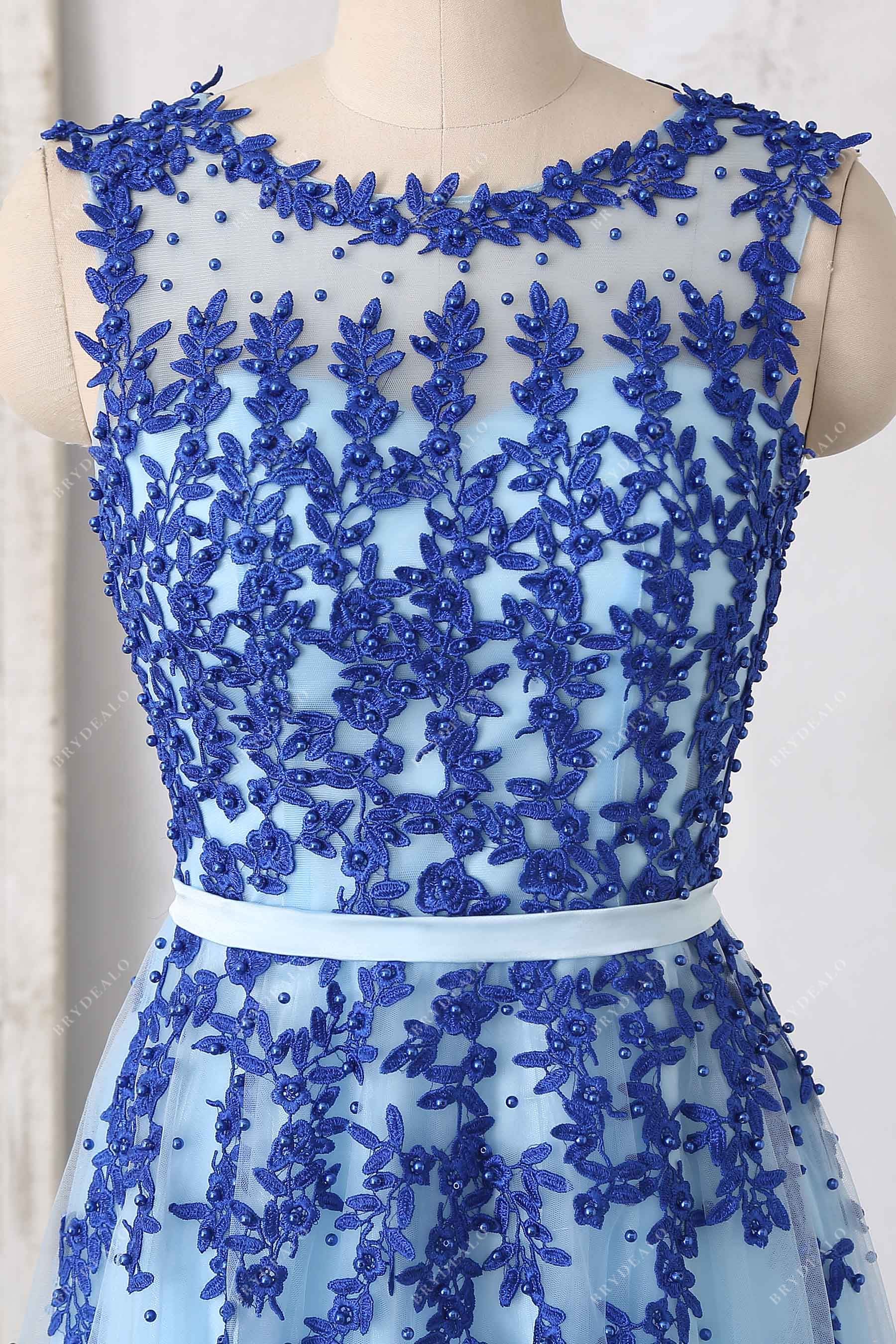Blue Illusion Neck Lace Tea Length Tulle Cocktail Dress – Brydealo
