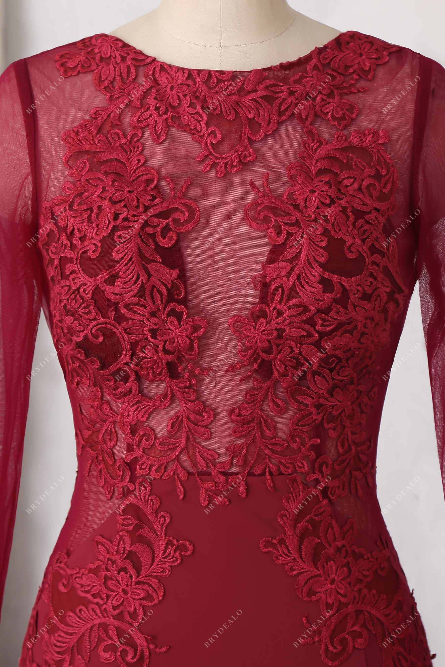 illusion neck burgundy lace prom dress