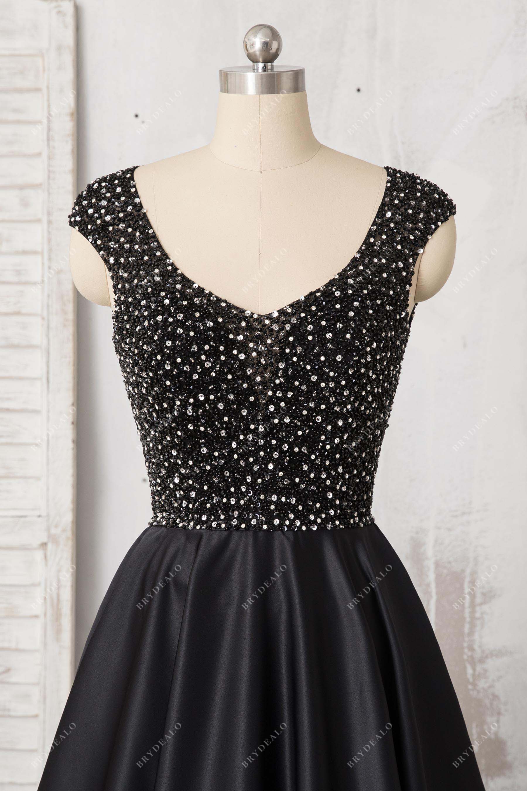 black beaded queen anne neck formal dress