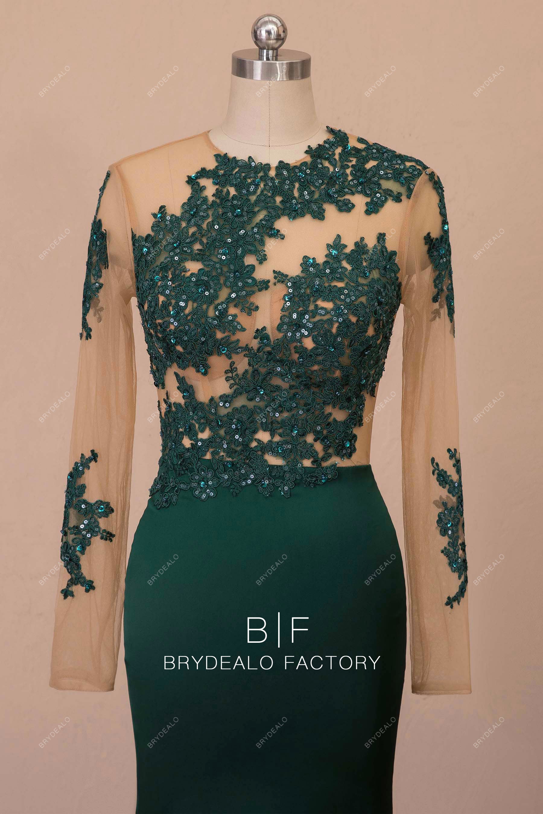 sheer long sleeve sequin lace applique prom dress