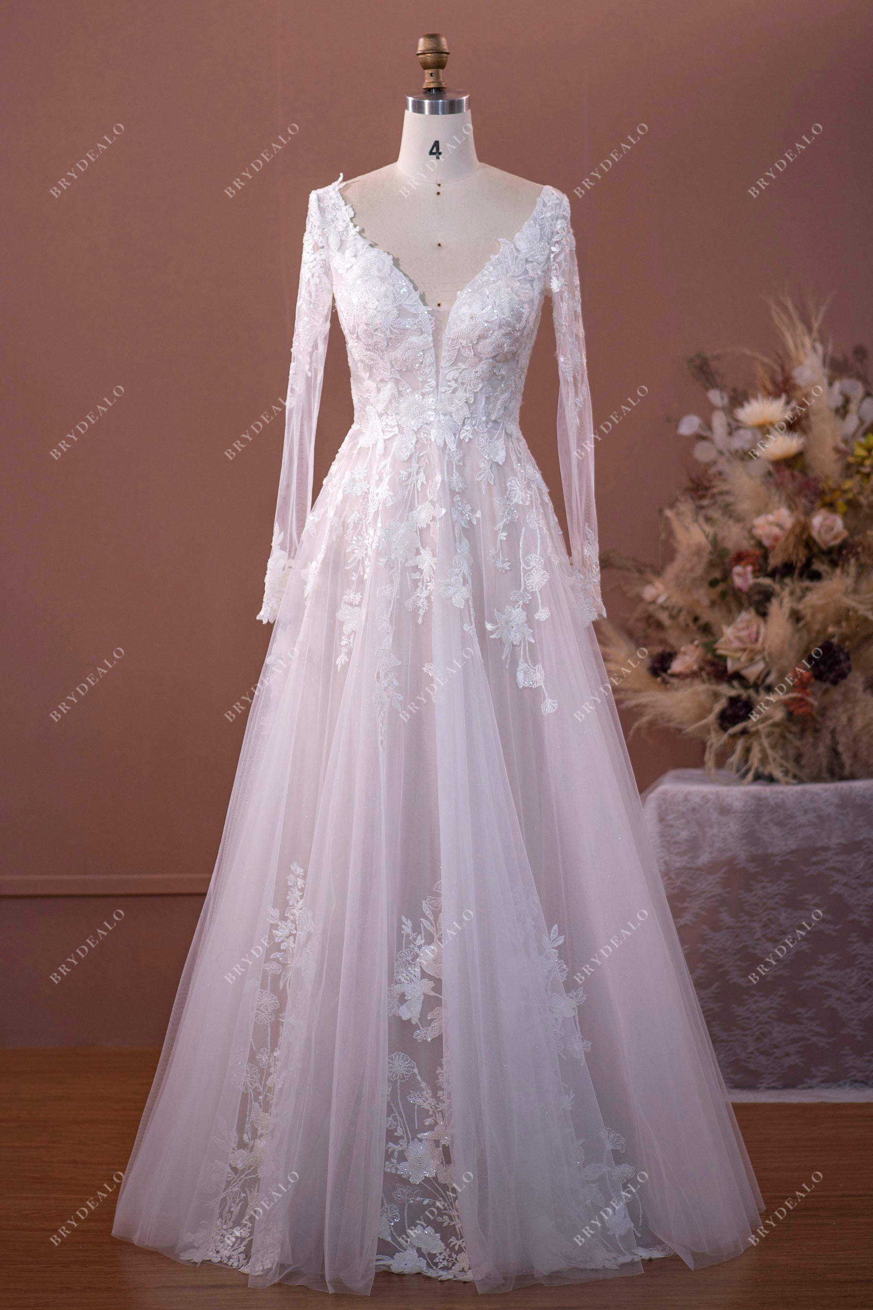 shimmery lace applique tulle A-line wedding dress 