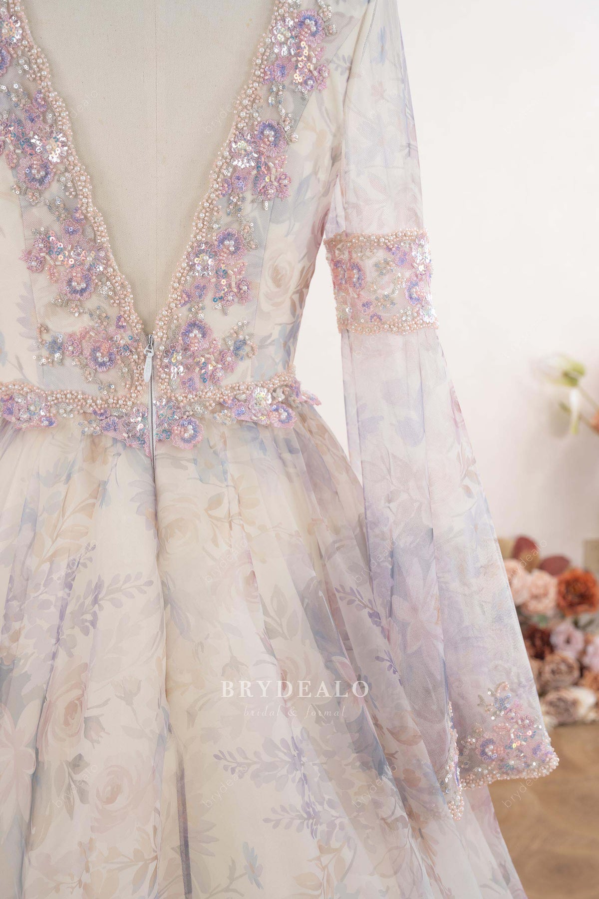 illusion sleeve print wedding dress
