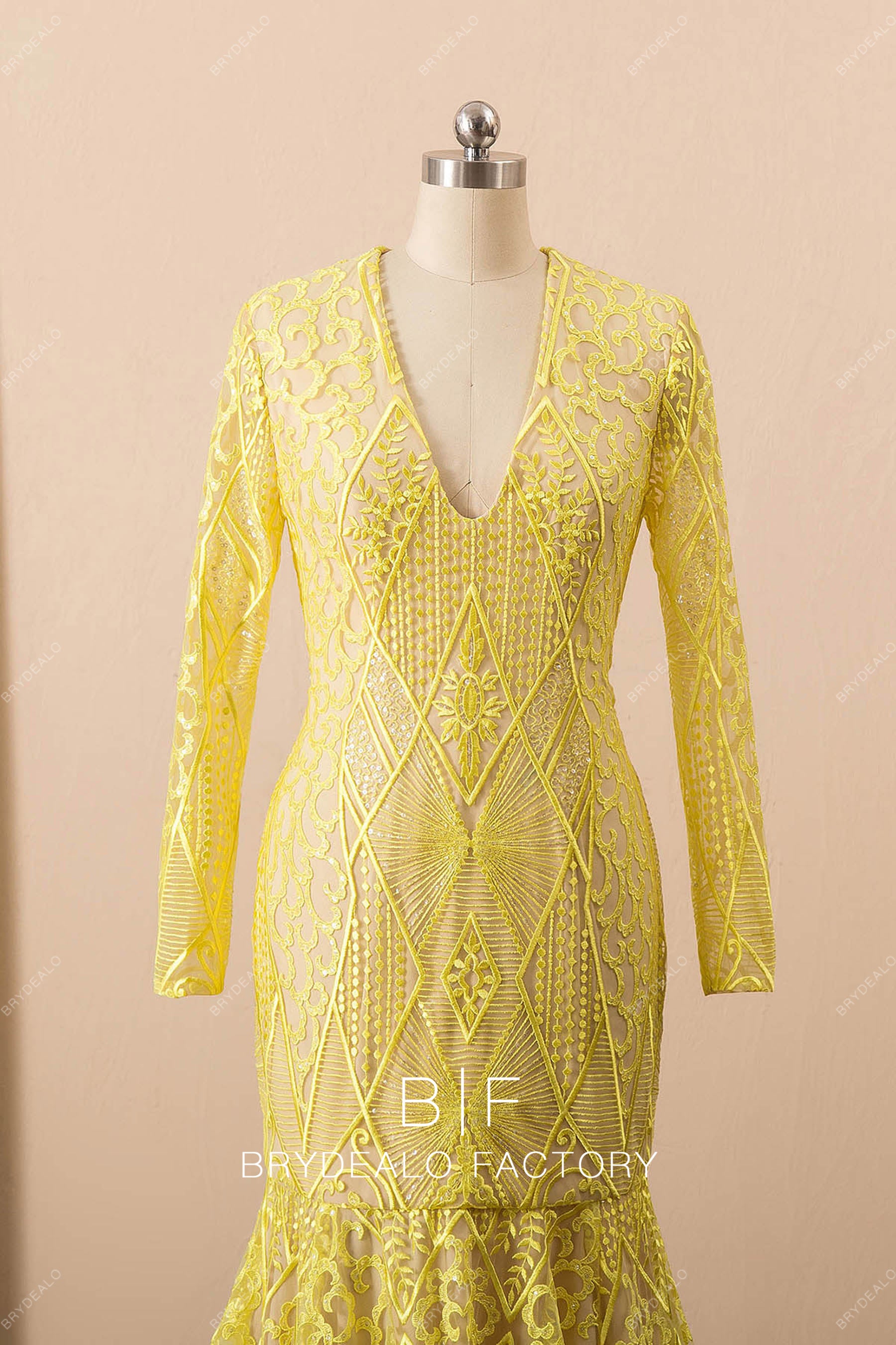 illusion long sleeve V-neck prom dress