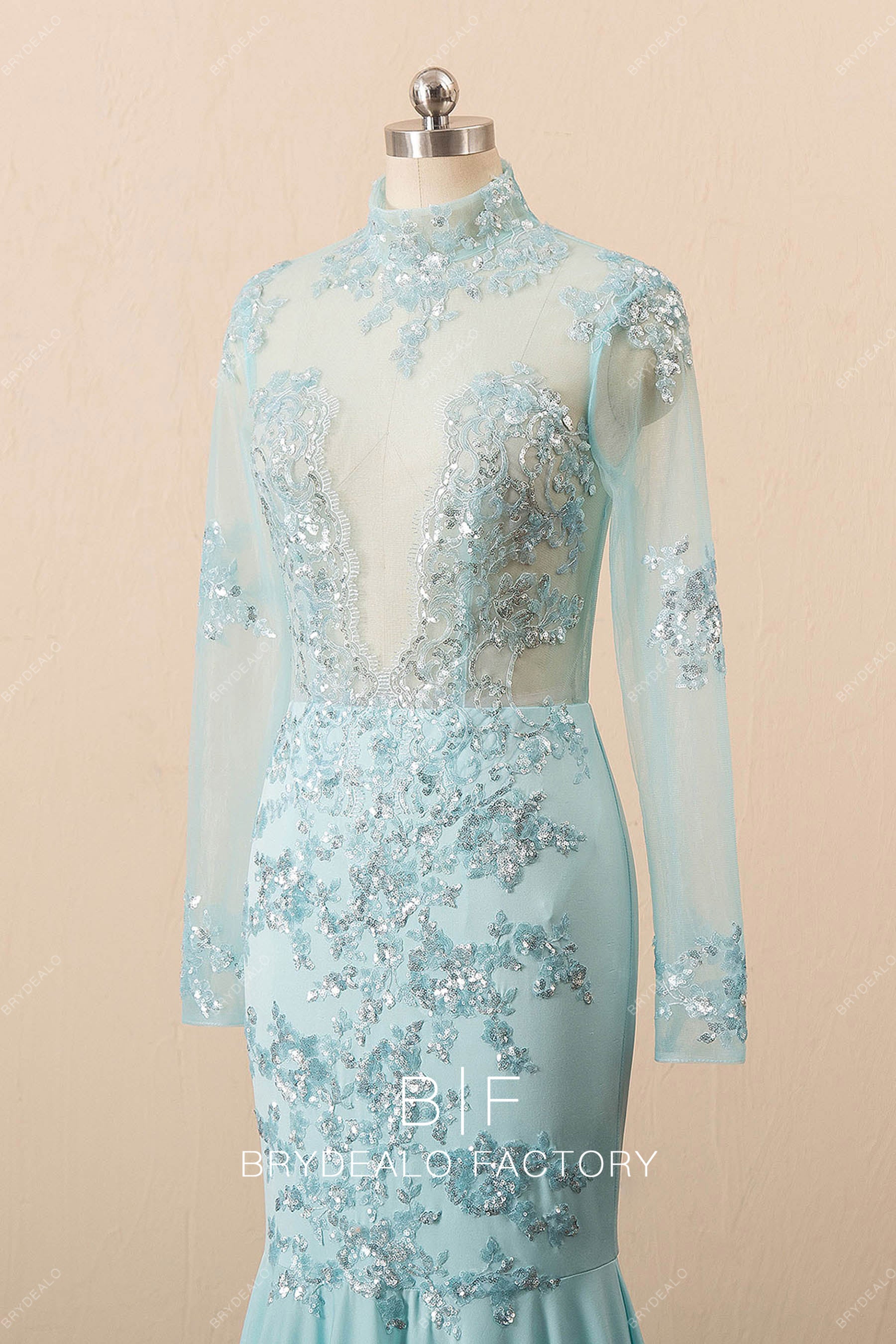 illusion long sleeved trumpet prom dress