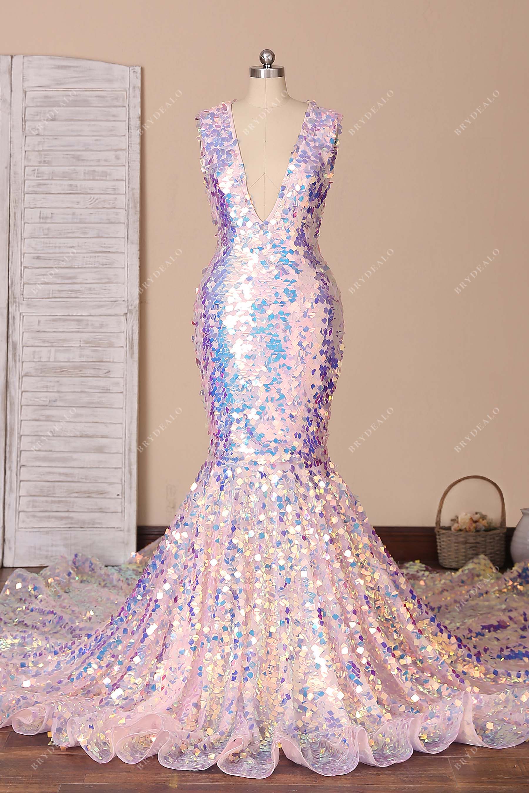 iridescent plunging neck mermaid prom dress