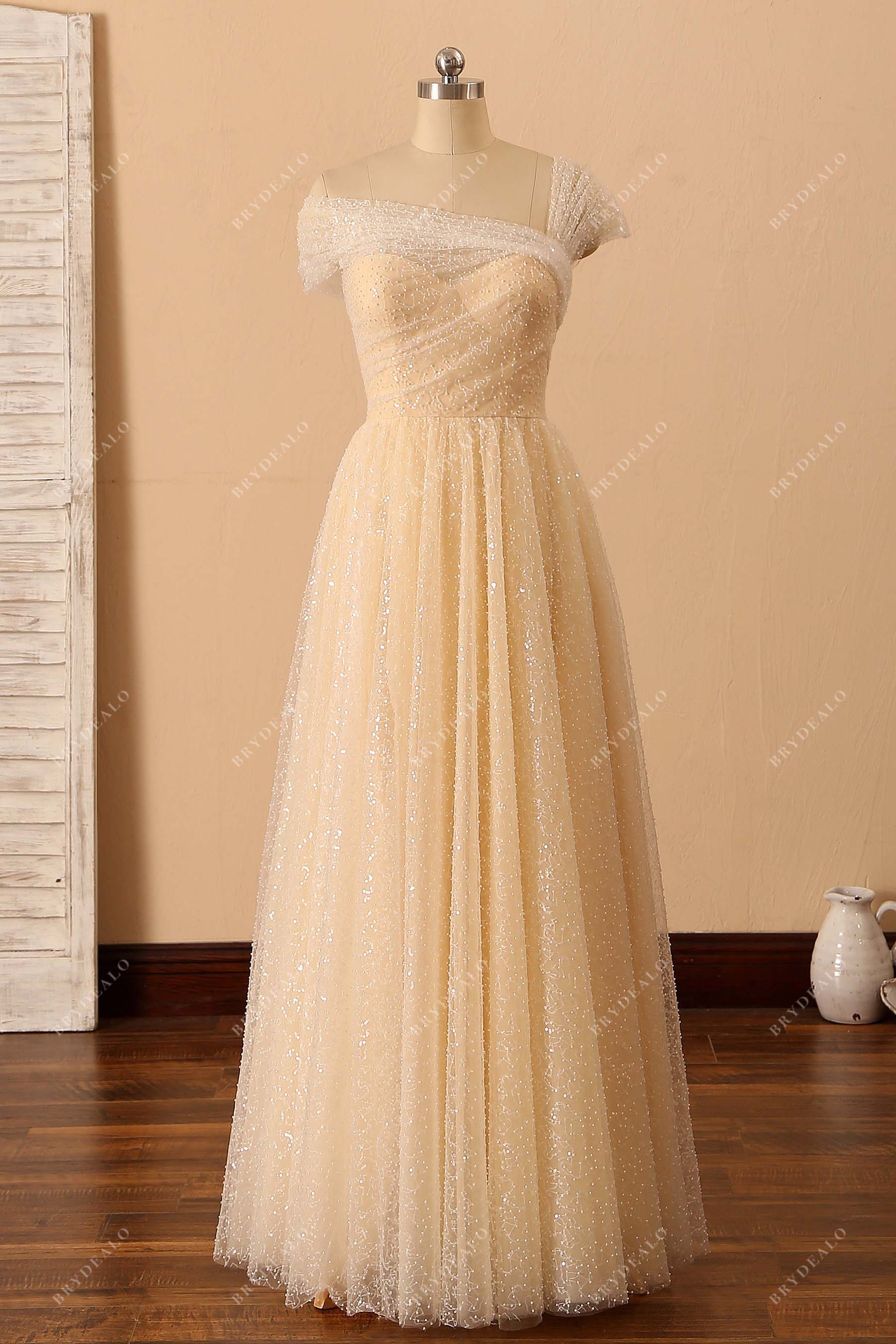 shimmery asymmetrical shoulder A-line prom dress
