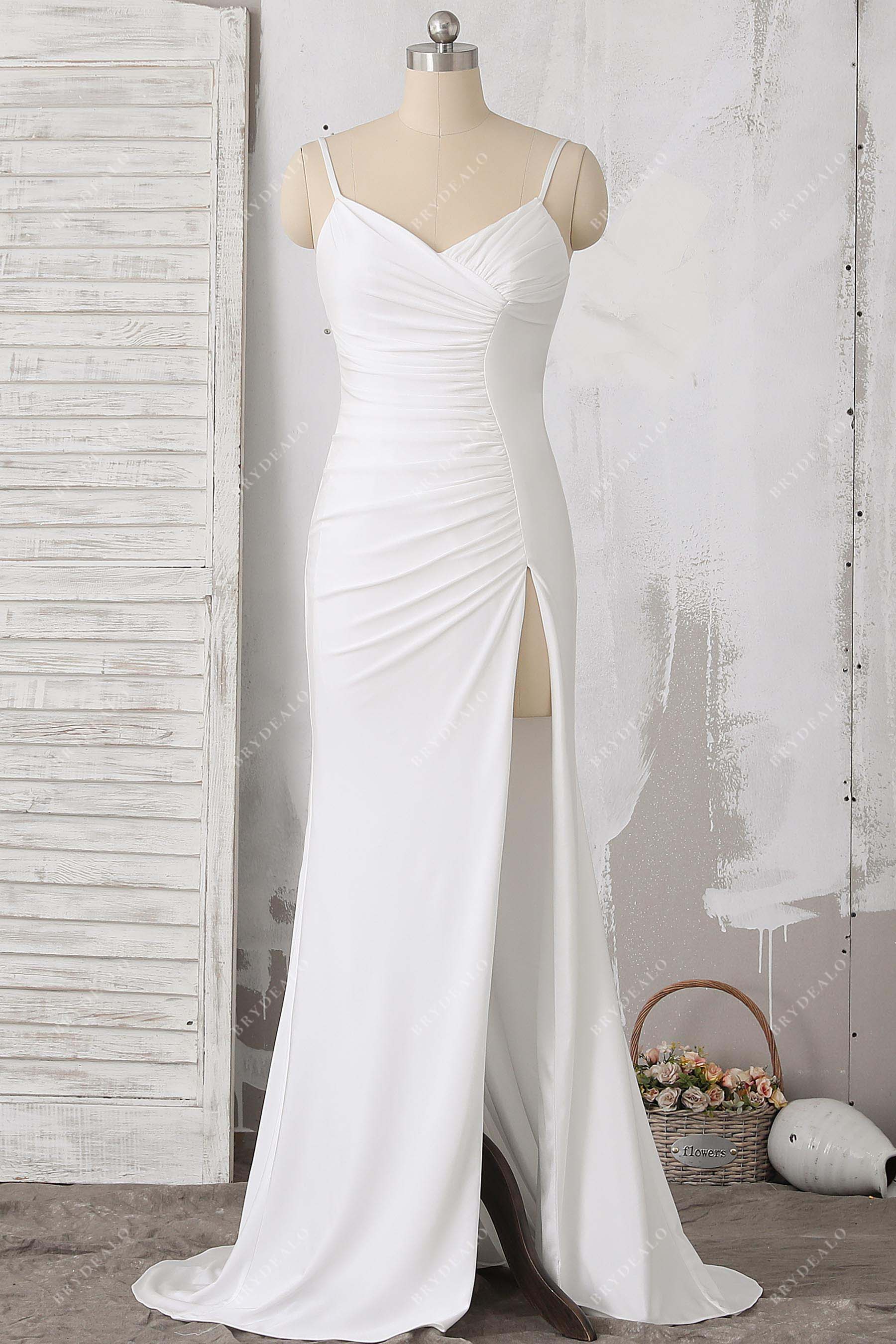 white jersey slit fit and flare formal gown
