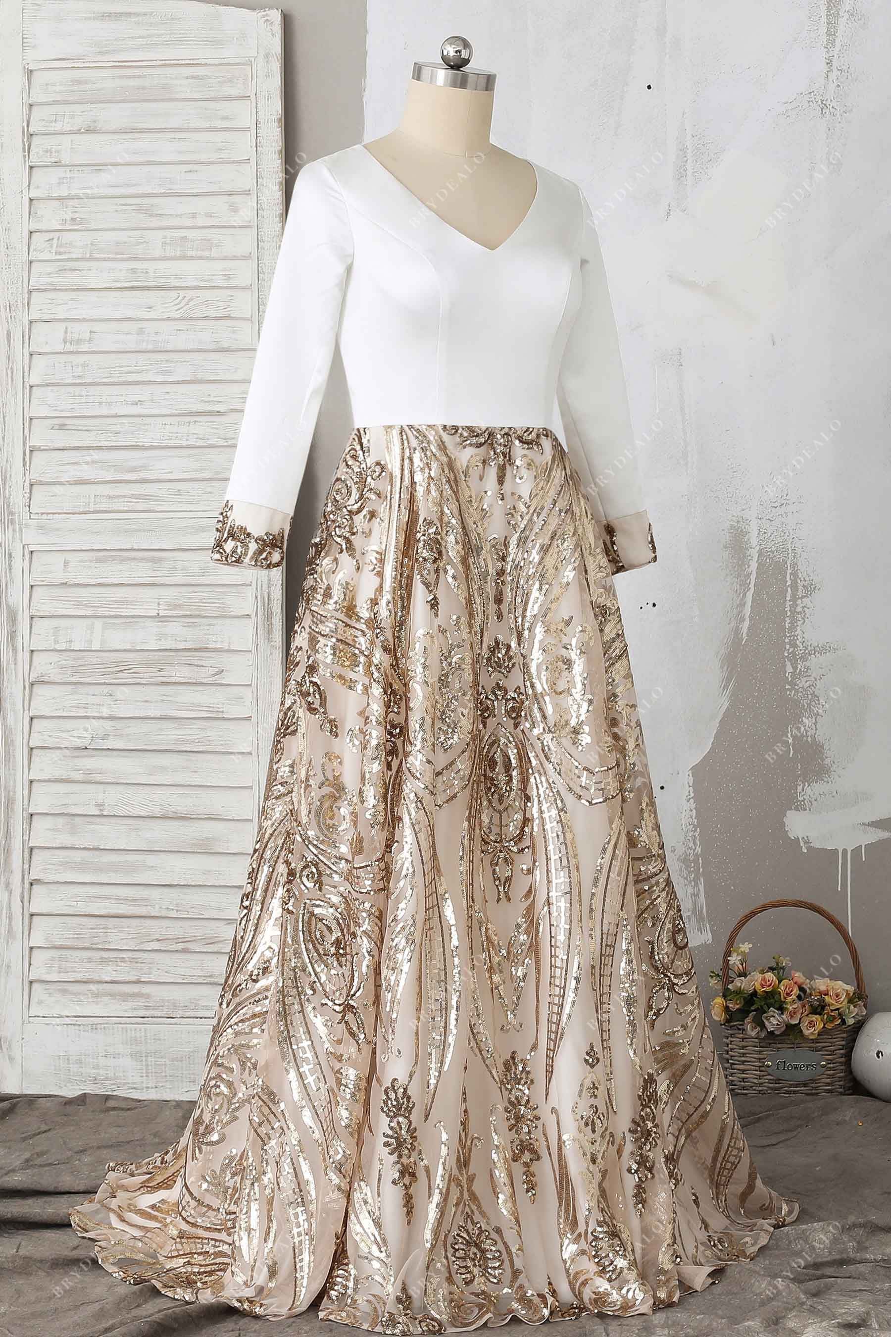 Long Sleeve V-neck White Satin Two-tone Dress