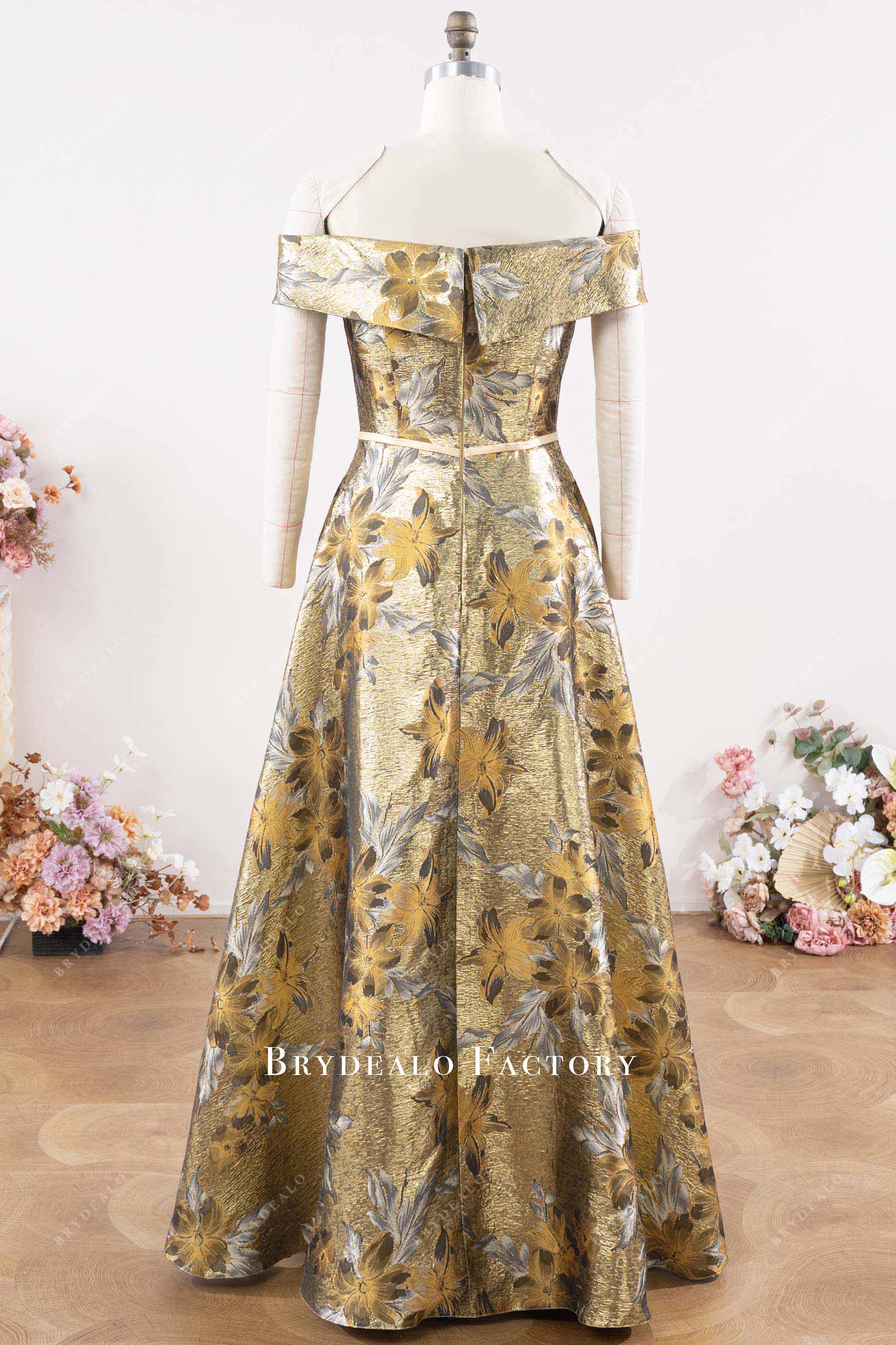 Gold Jacquard Off Shoulder Mother of Bride Dress