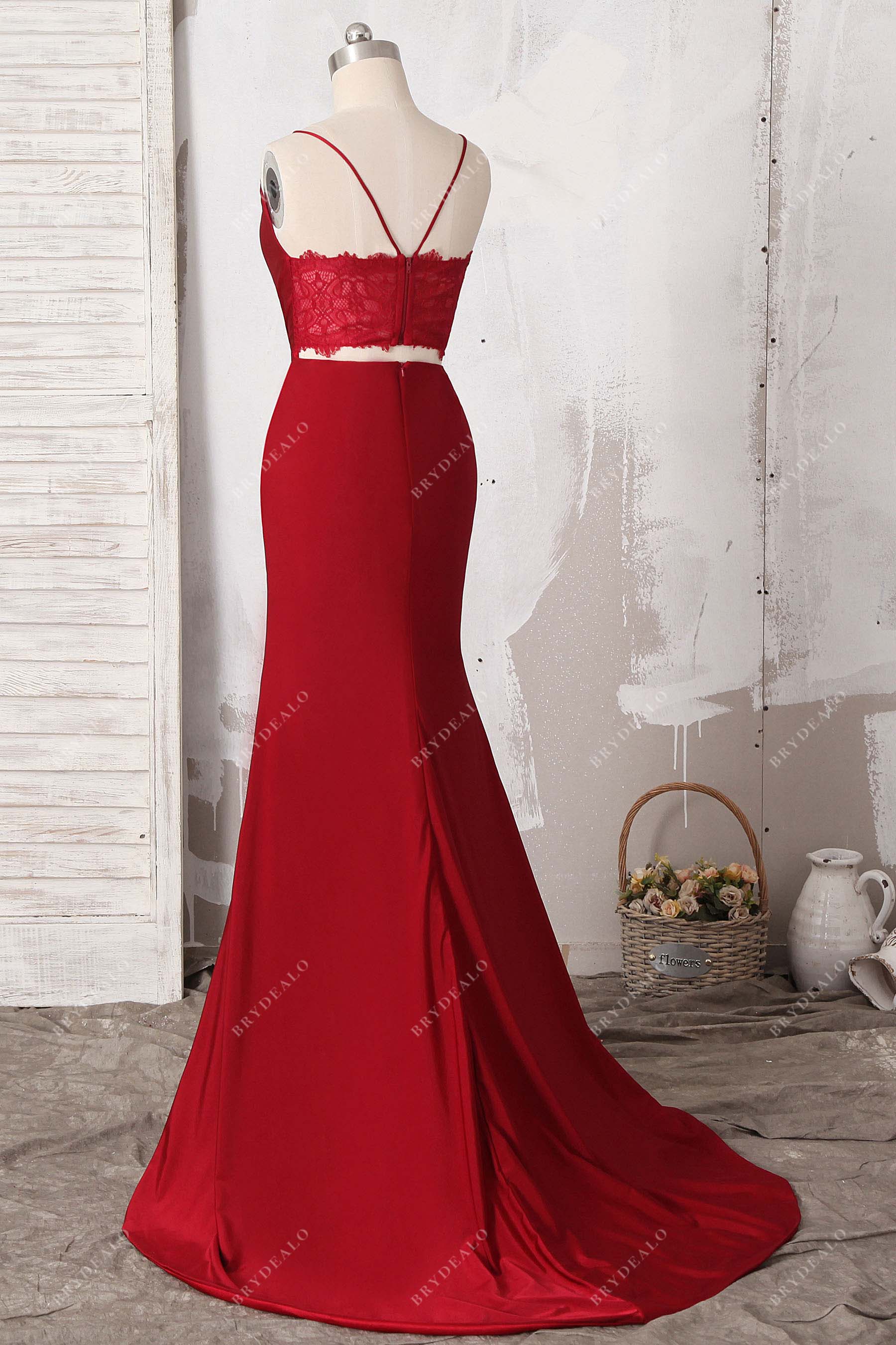 lace back jersey sweep train evening dress