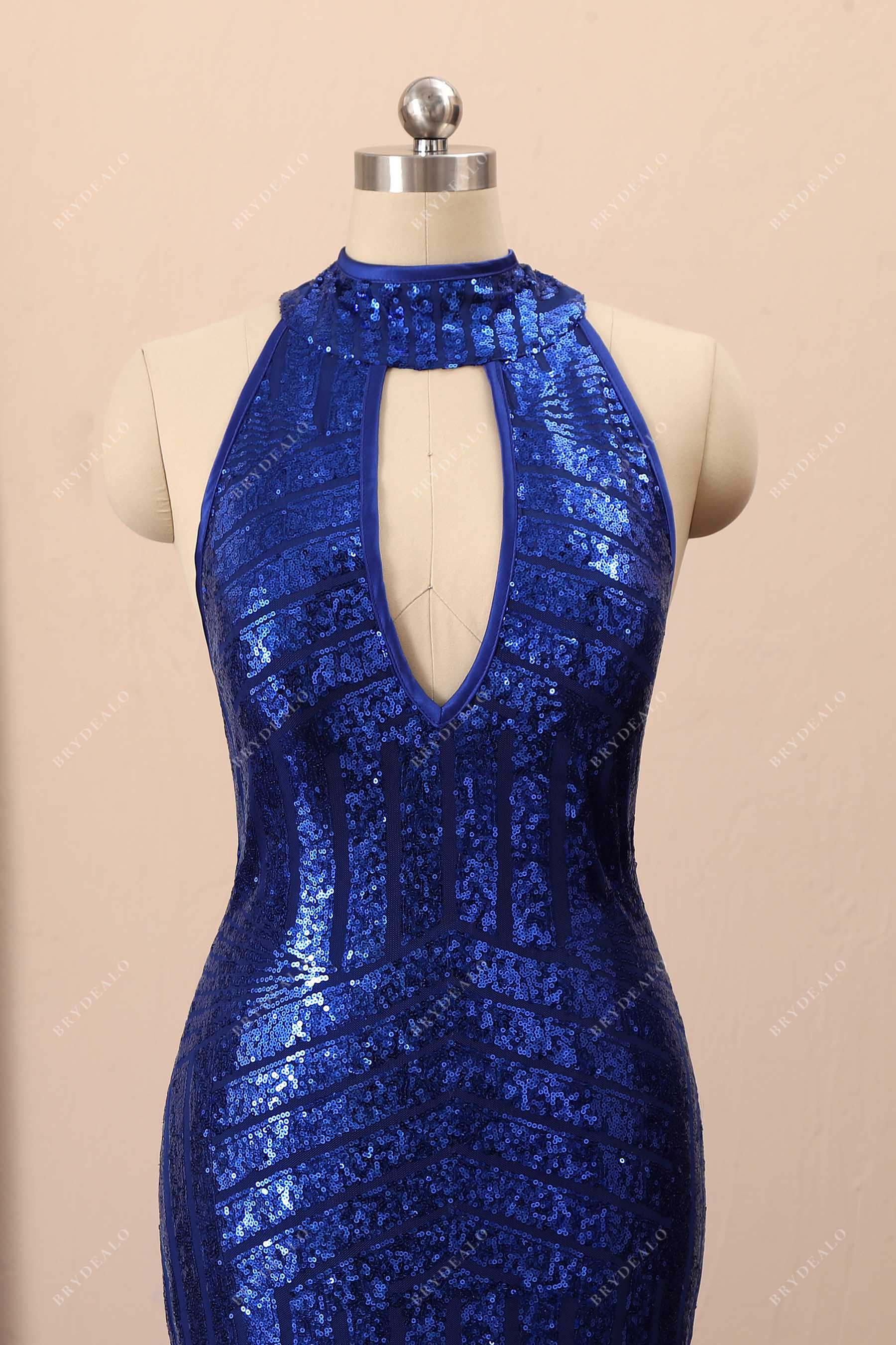 sleeveless halter stripe sequin prom dress