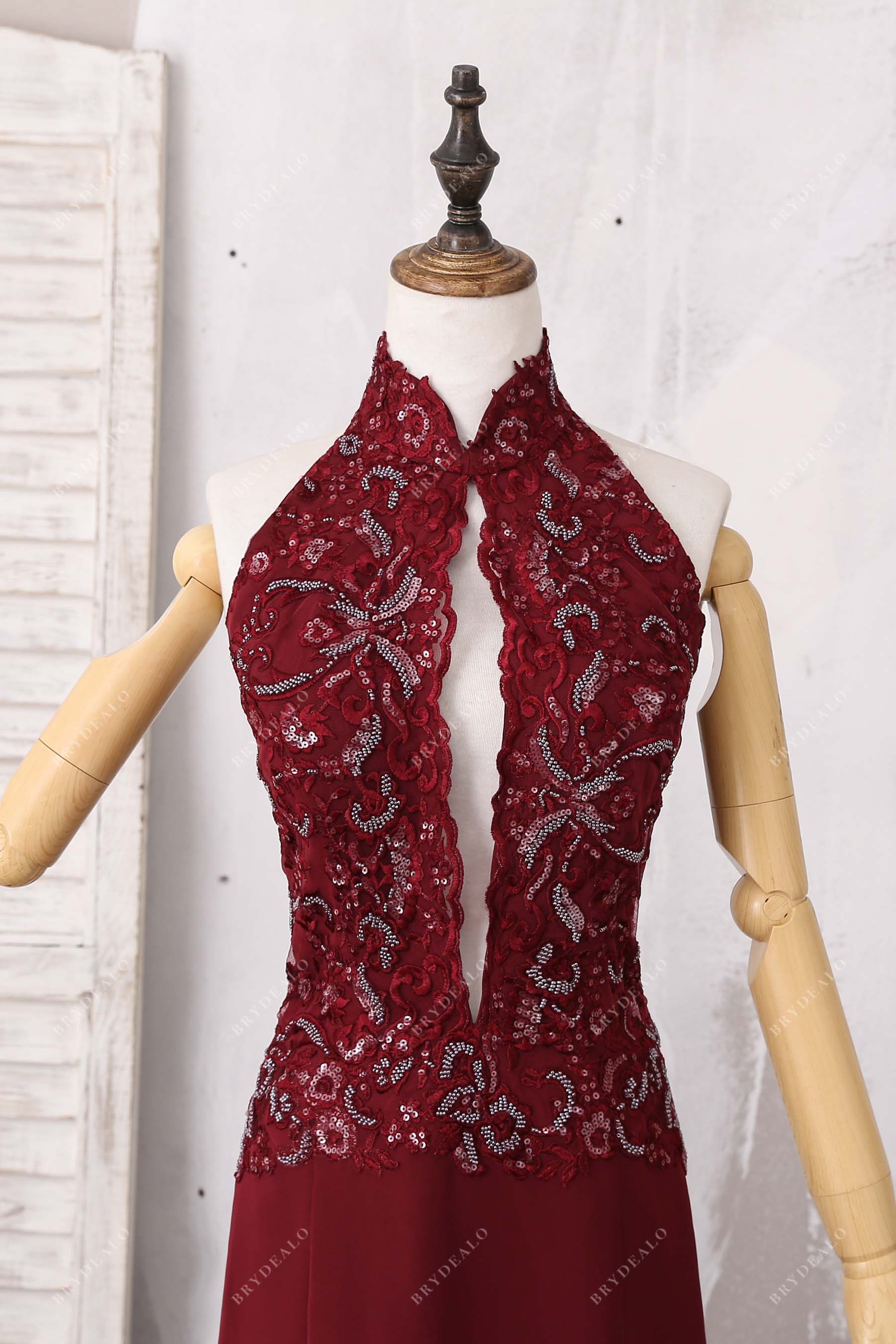 keyhole lace halter prom dress