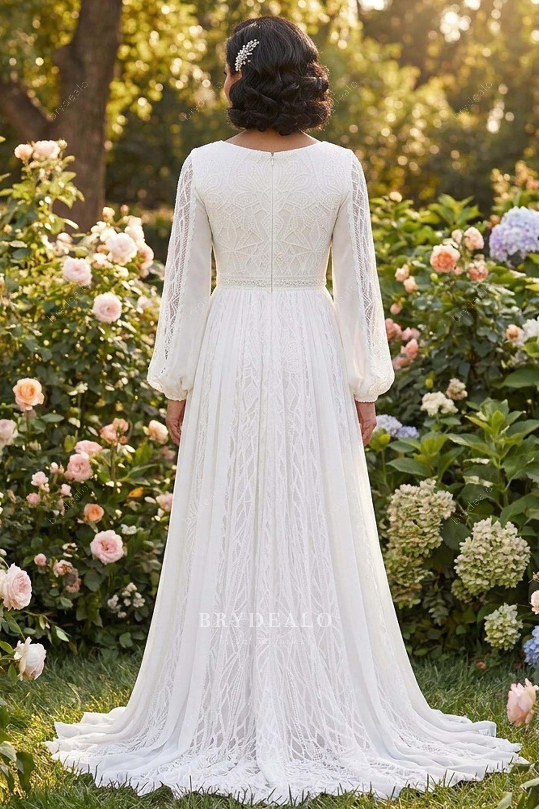 lace cutout train long wedding dress