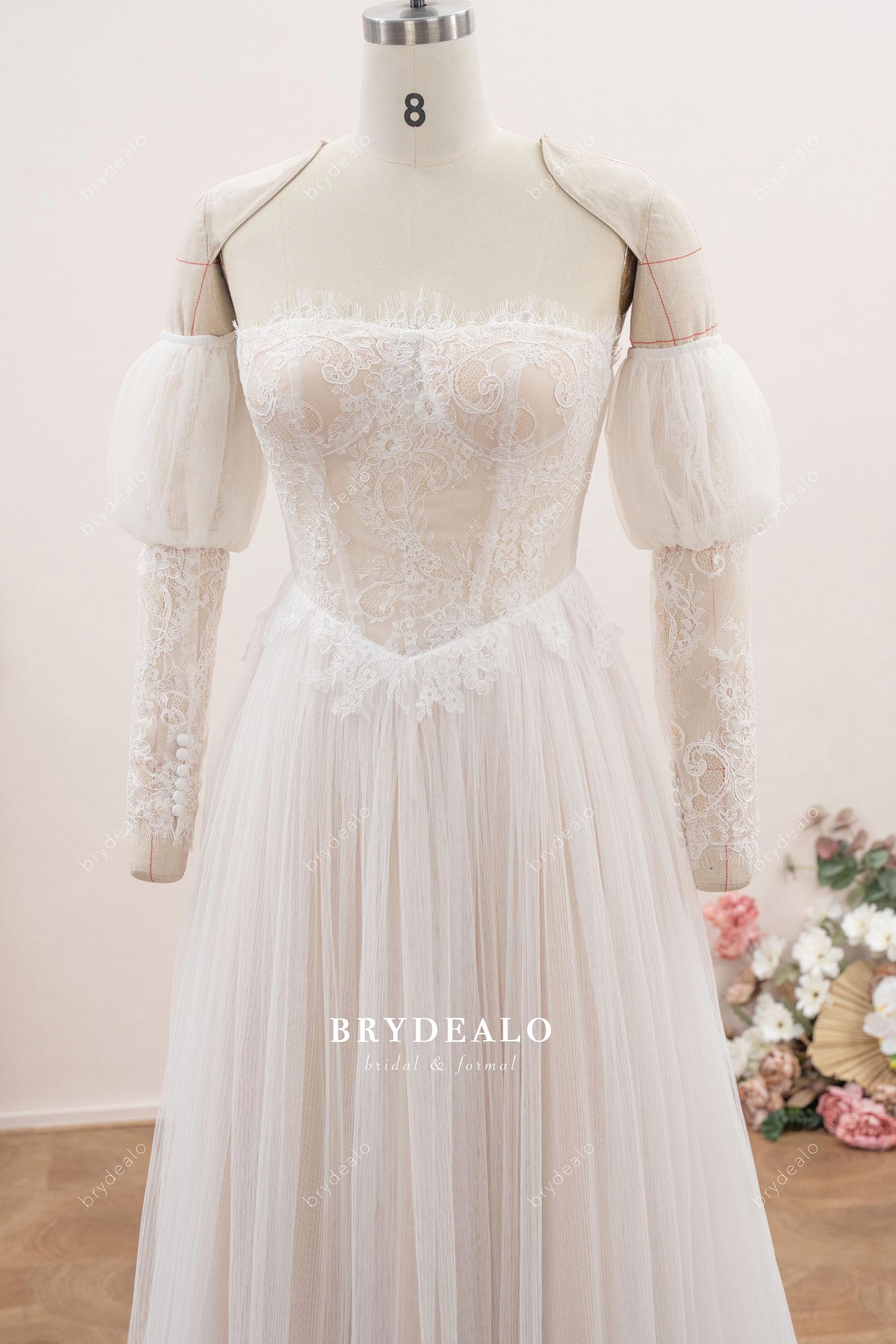 lace eyelash straight across neck wedding dress