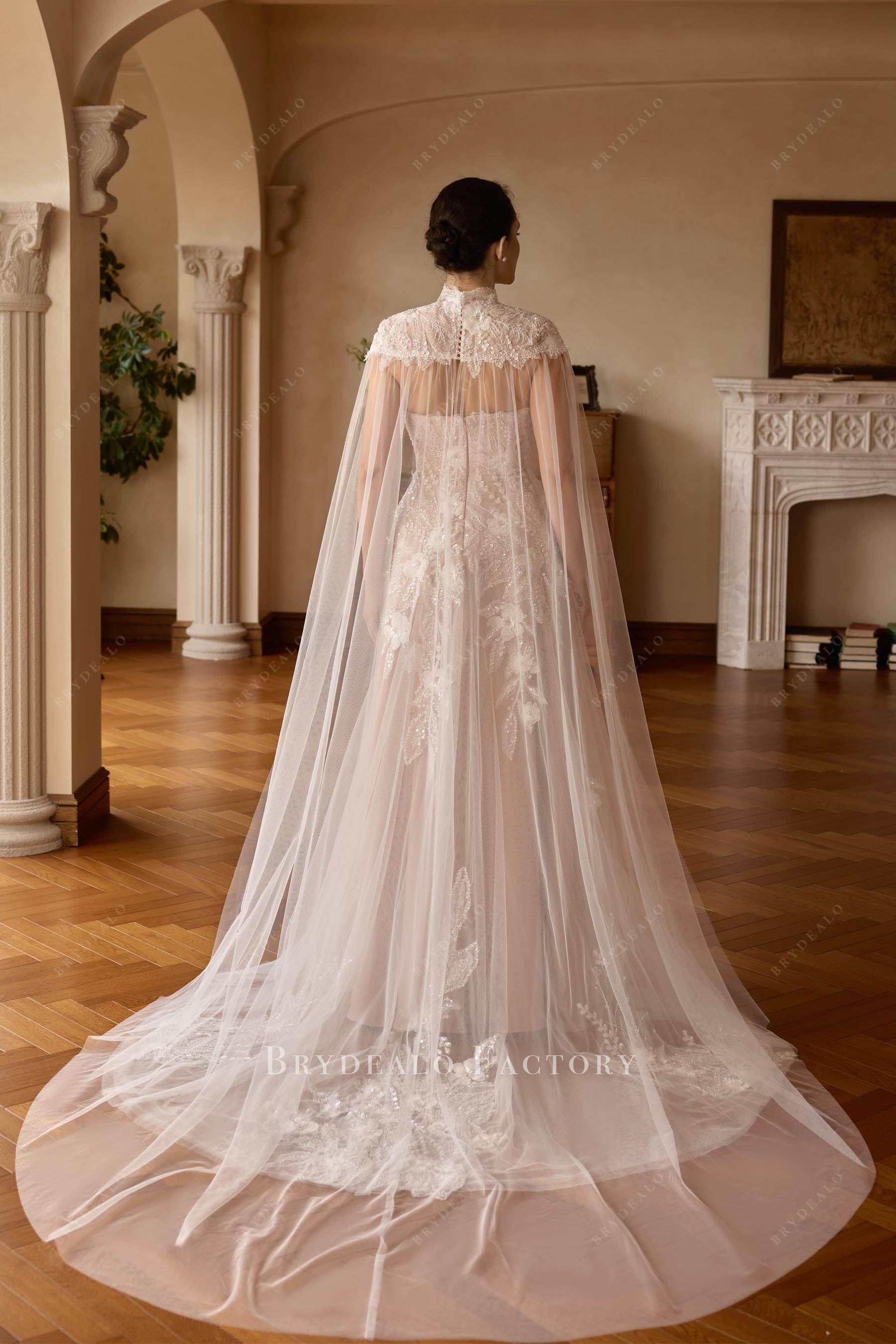 lace illusion tulle cape wedding dress