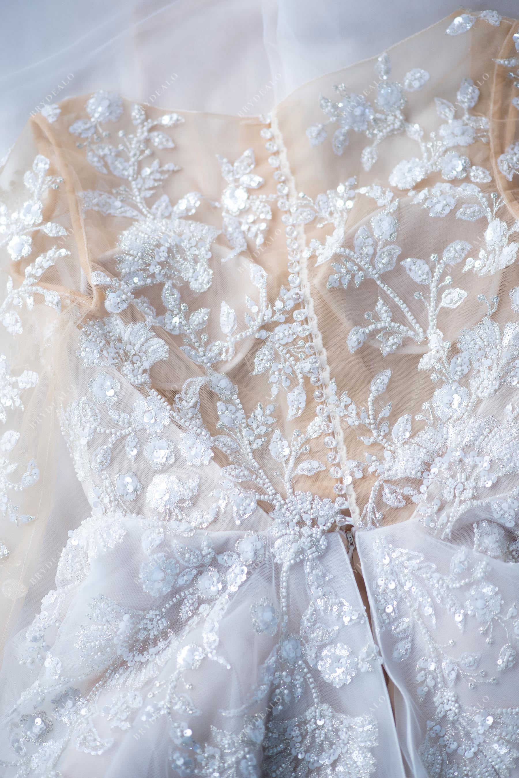luxurious lace beaded sheer back wedding dress