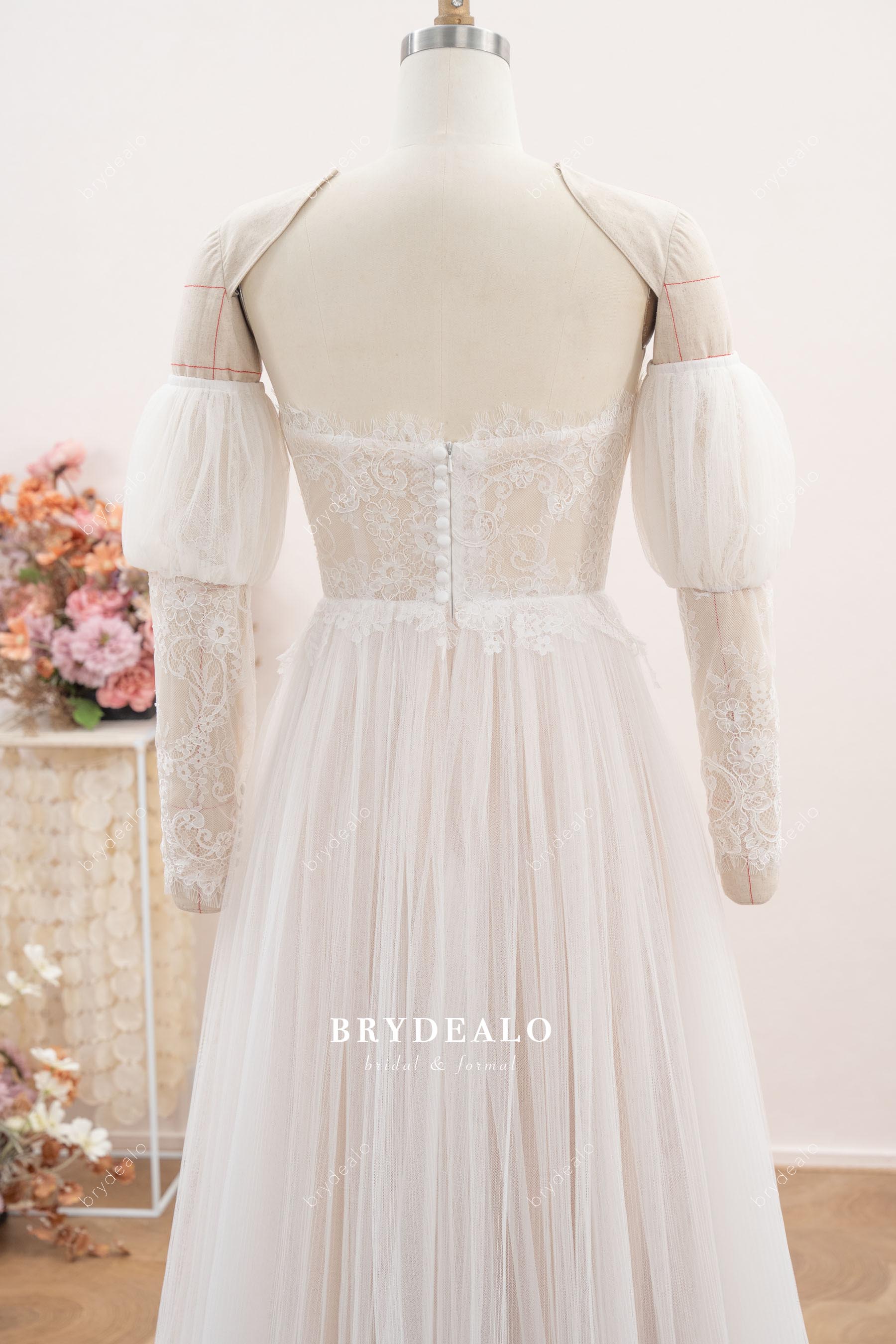 lace off shoulder bubble sleeve wedding dress