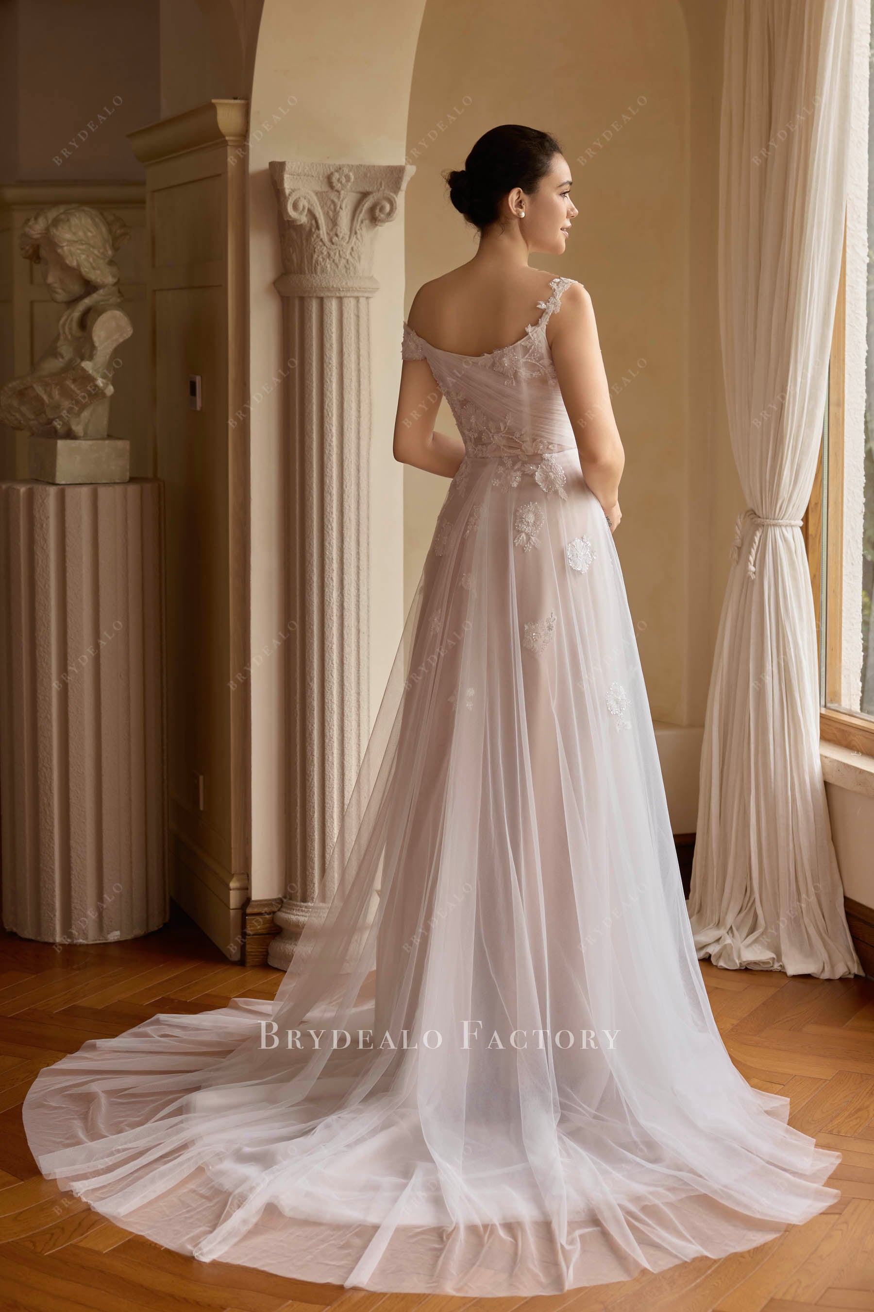 lace pleated tulle wedding dress
