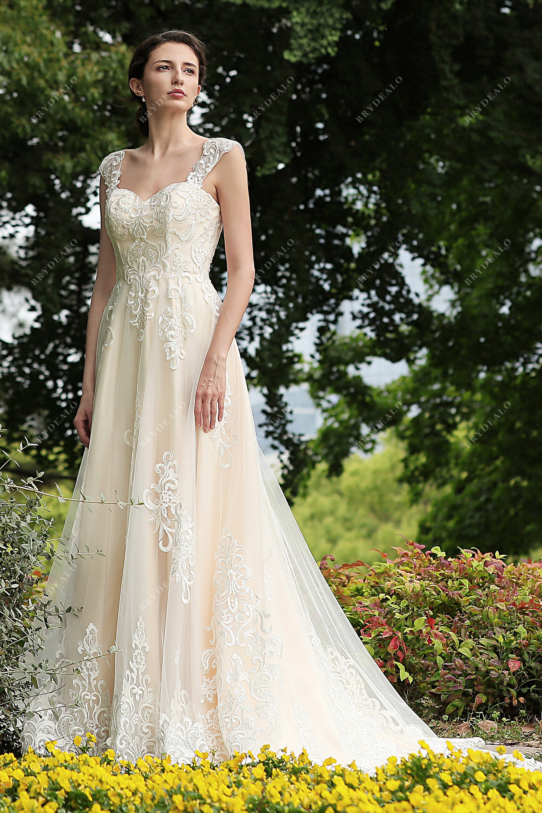 lace straps A-line tulle wedding dress
