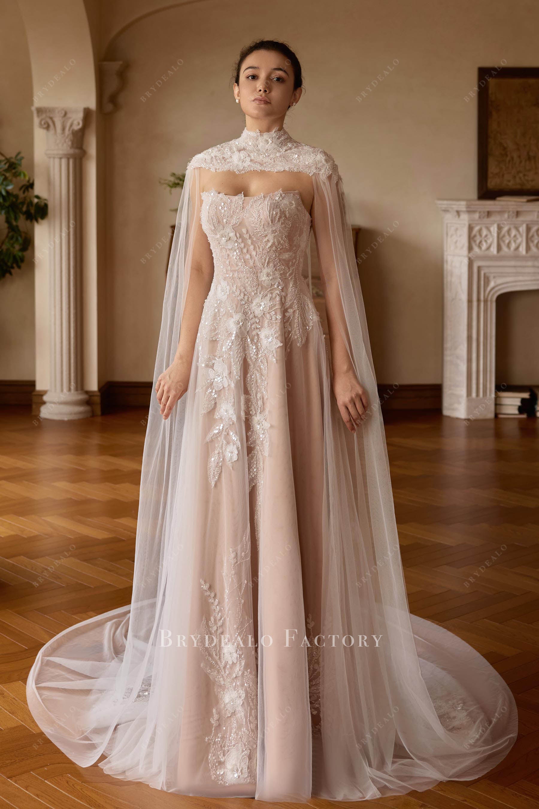 lace turtle neck cape wedding dress
