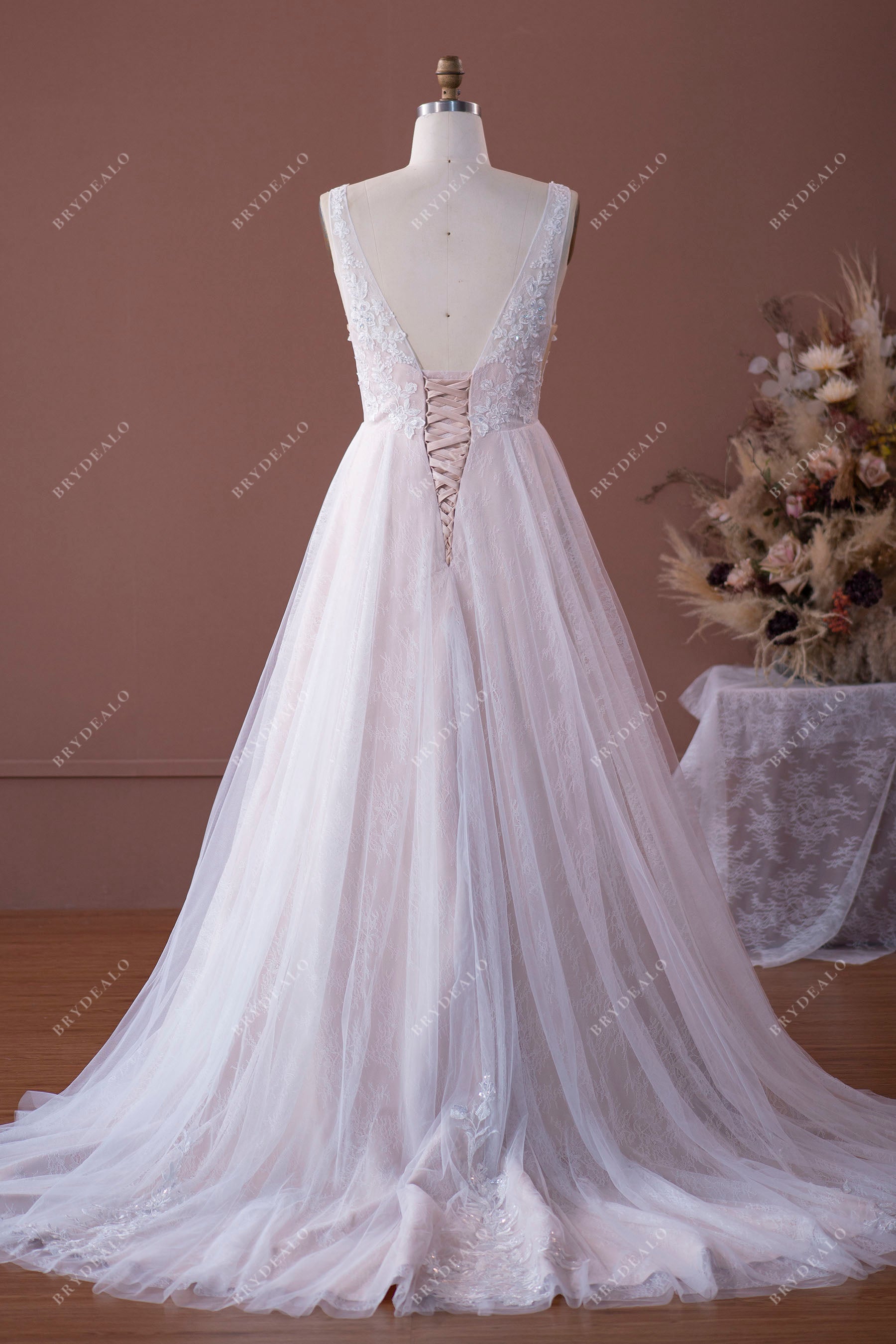 open back tulle A-line wedding dress