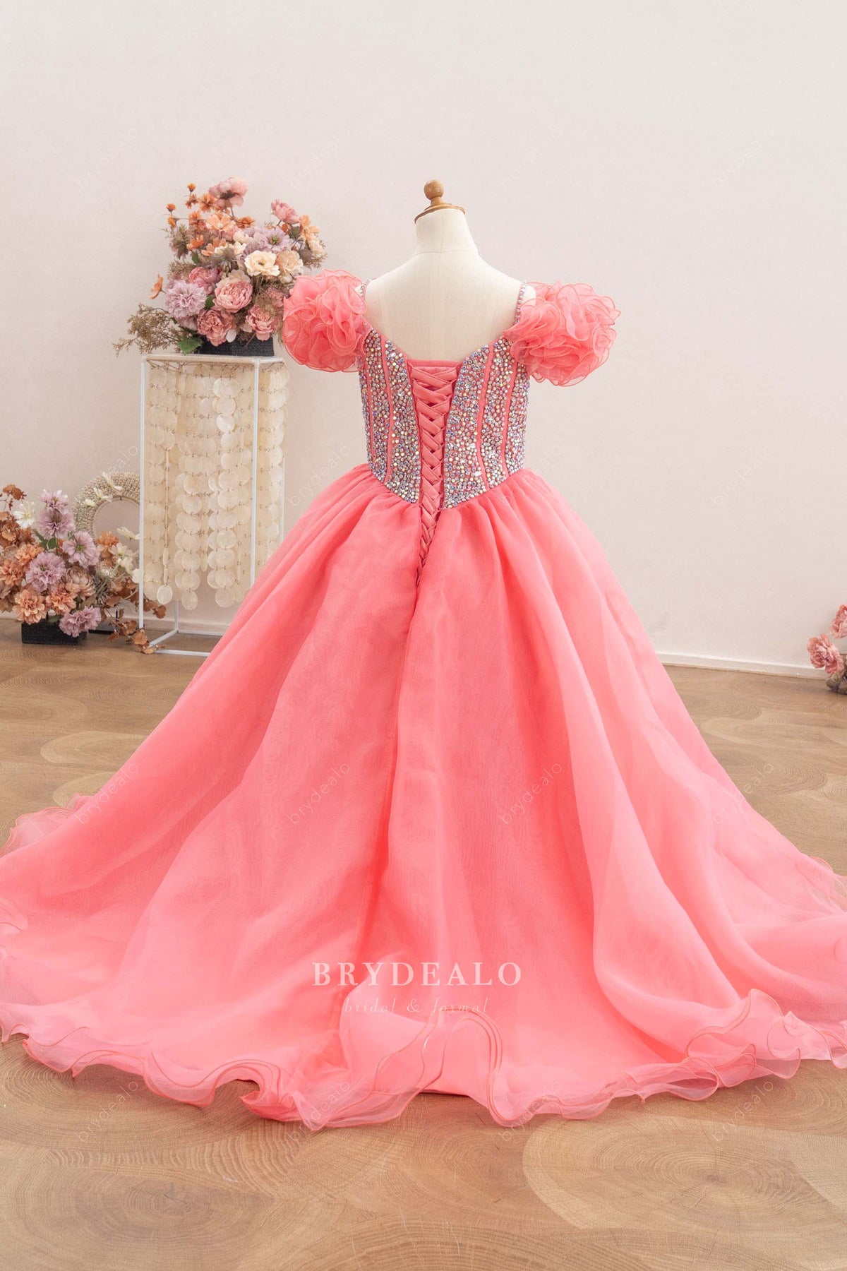 lace up back organza kids pageant gown