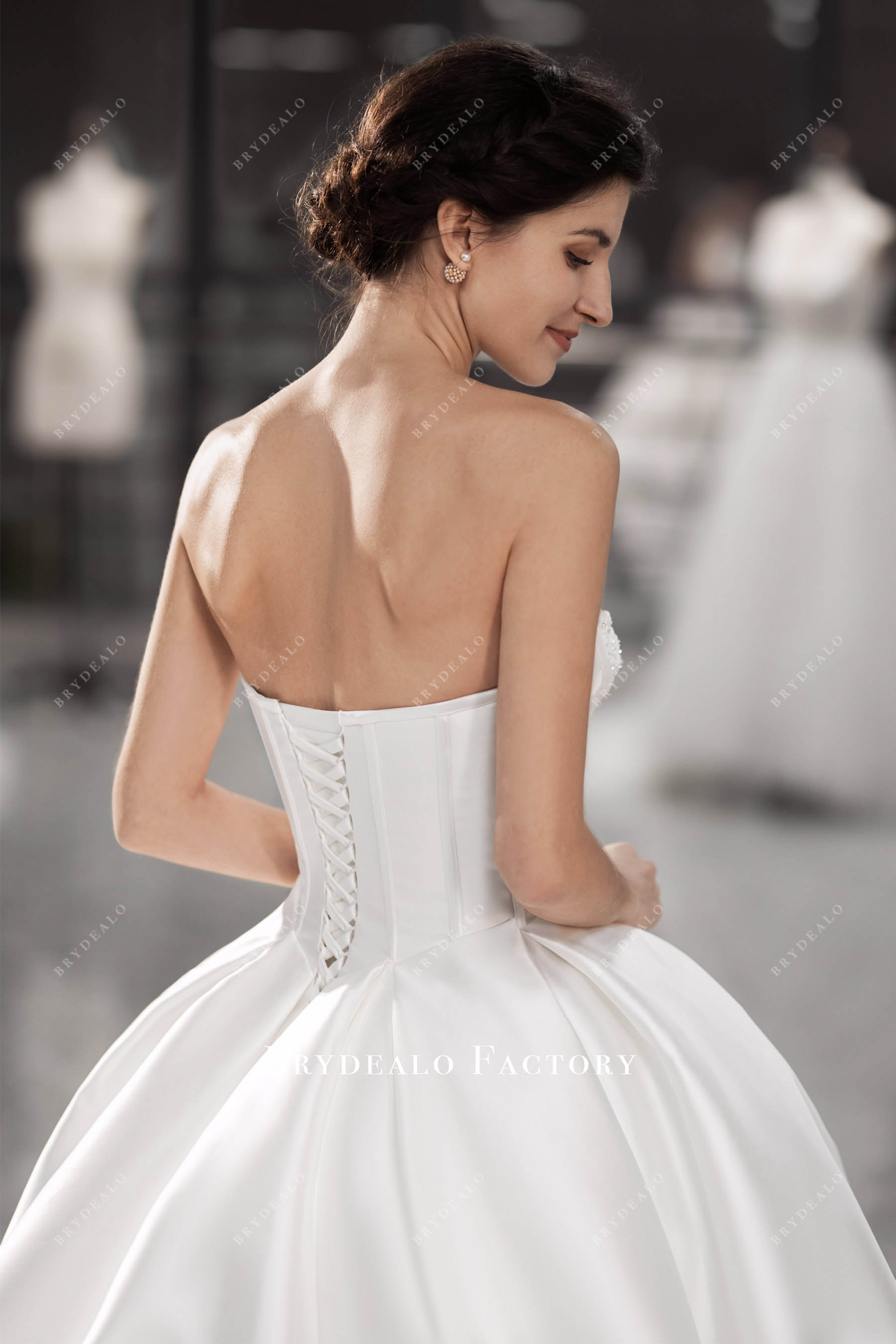 lace up corset open back mikado wedding gown