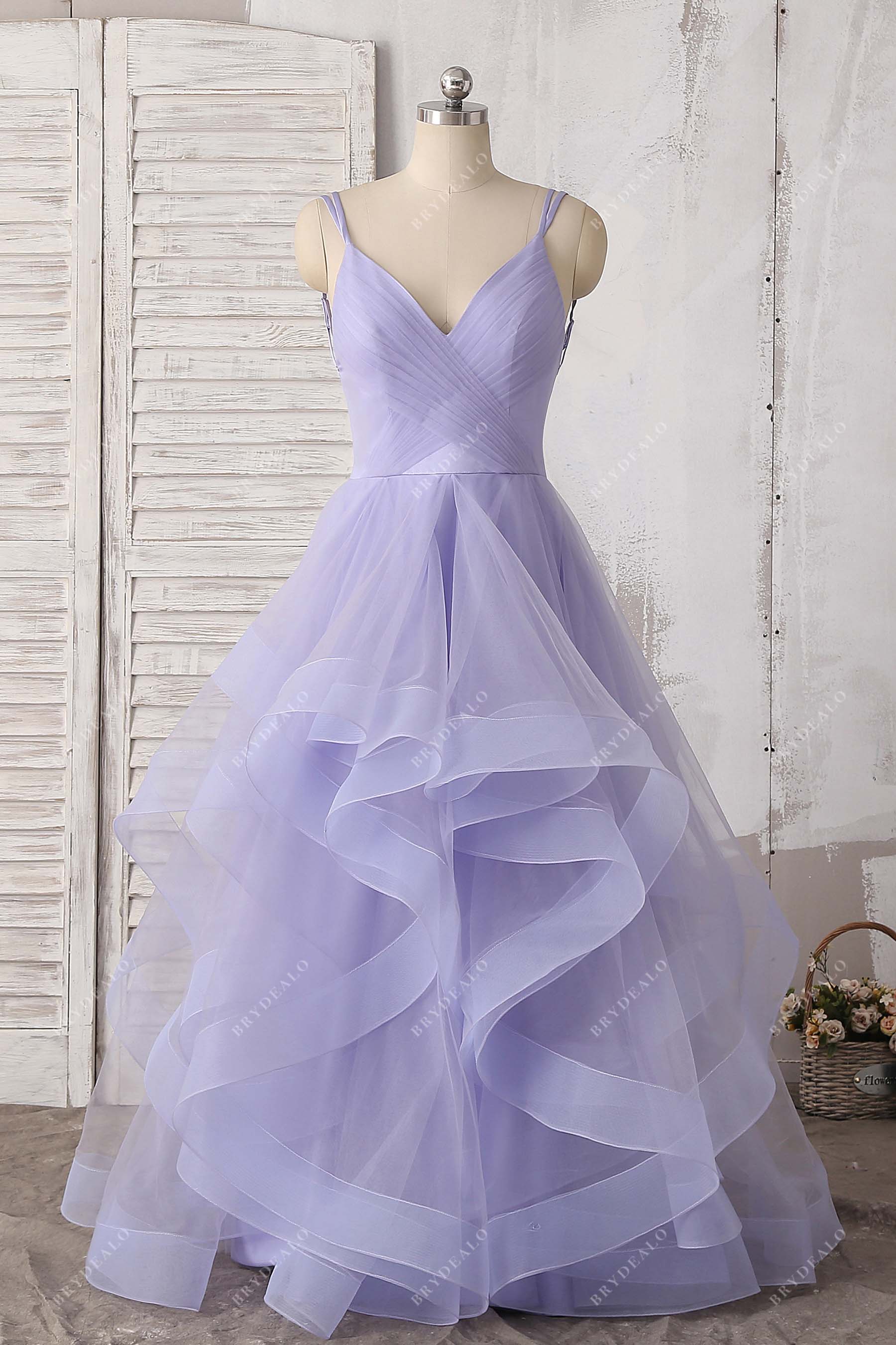 thin straps tulle ruffled prom ballgown
