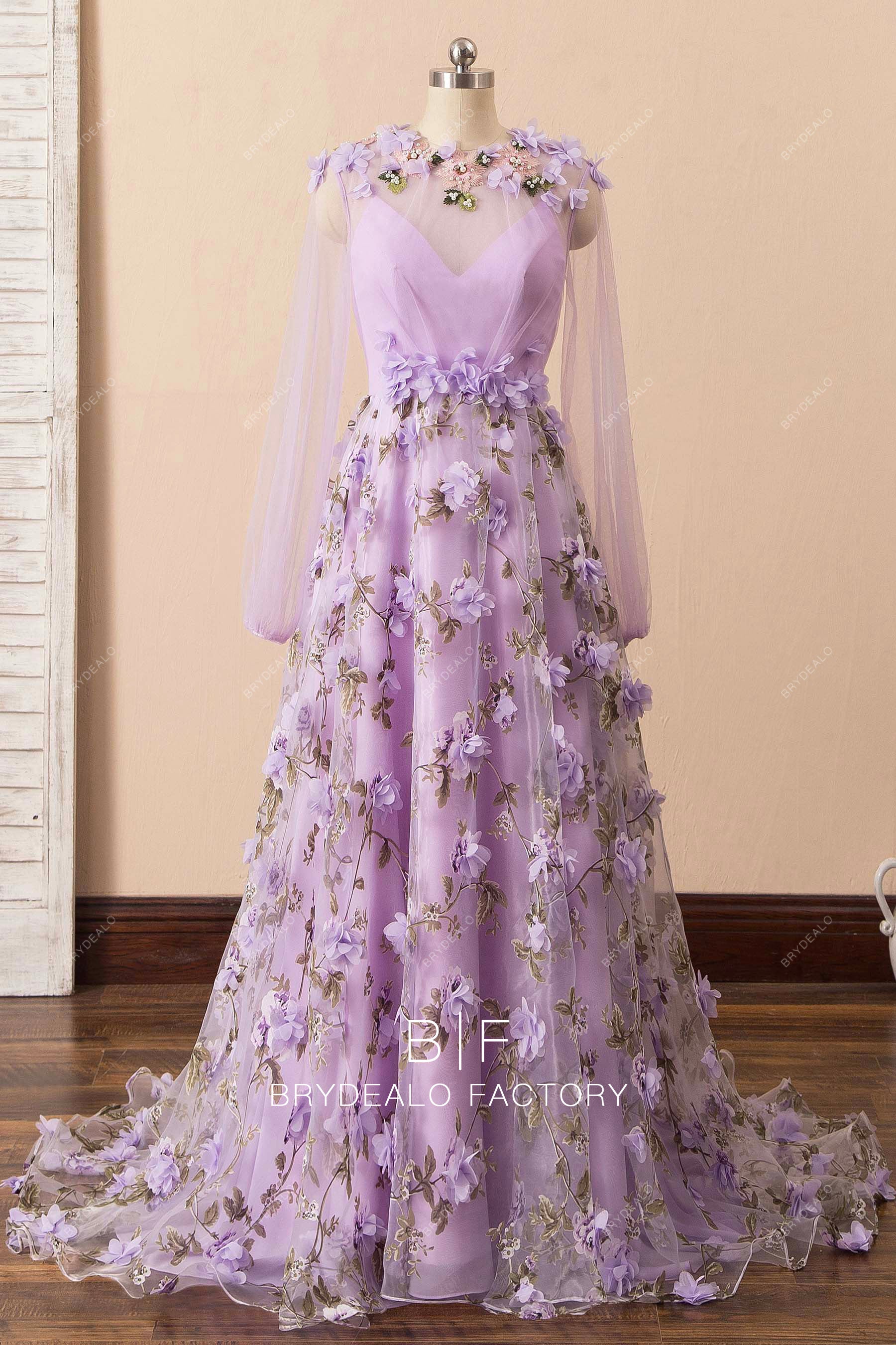 lilac 3D flowers long sleeve prom dress