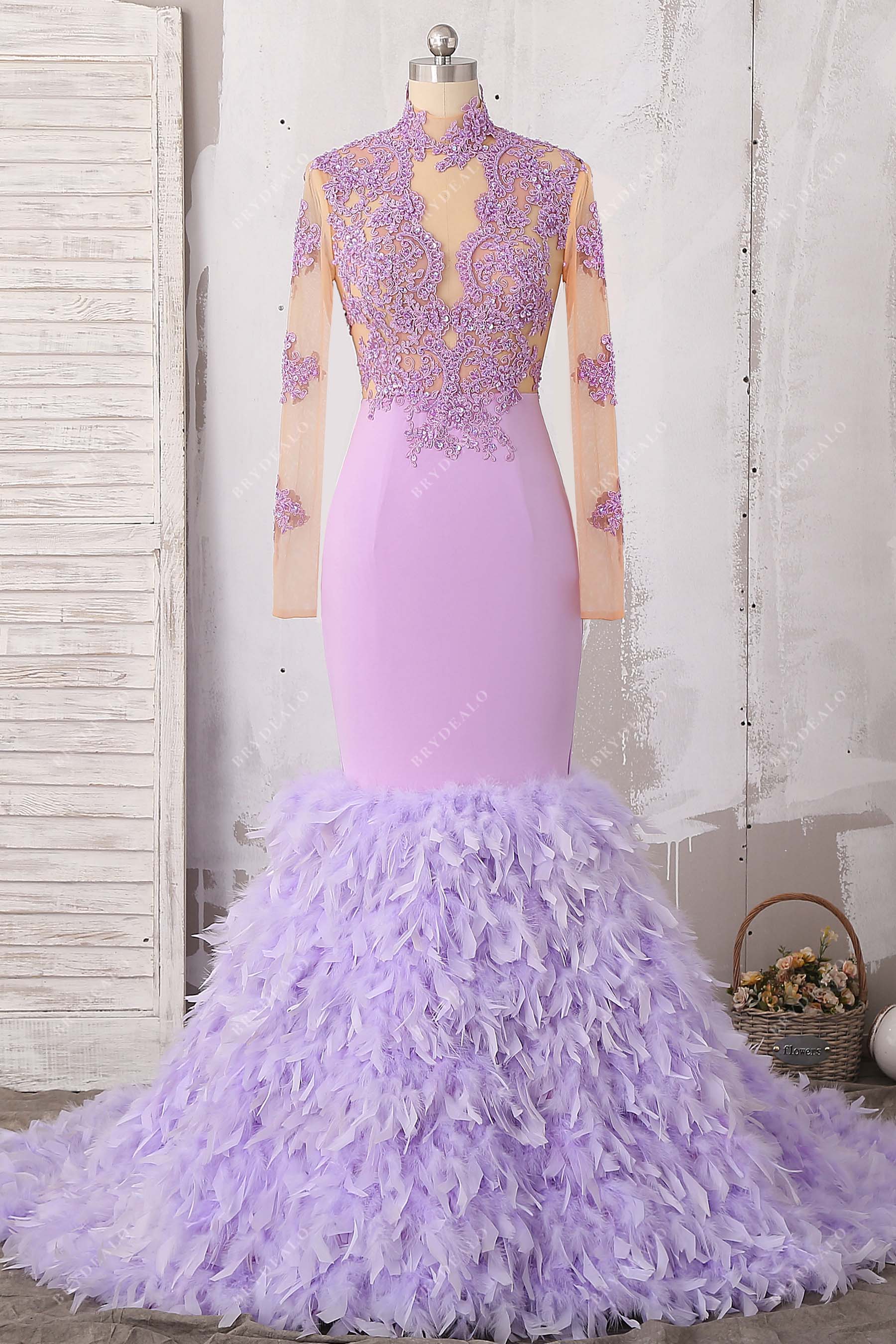 lilac high neck feathered mermaid prom dress
