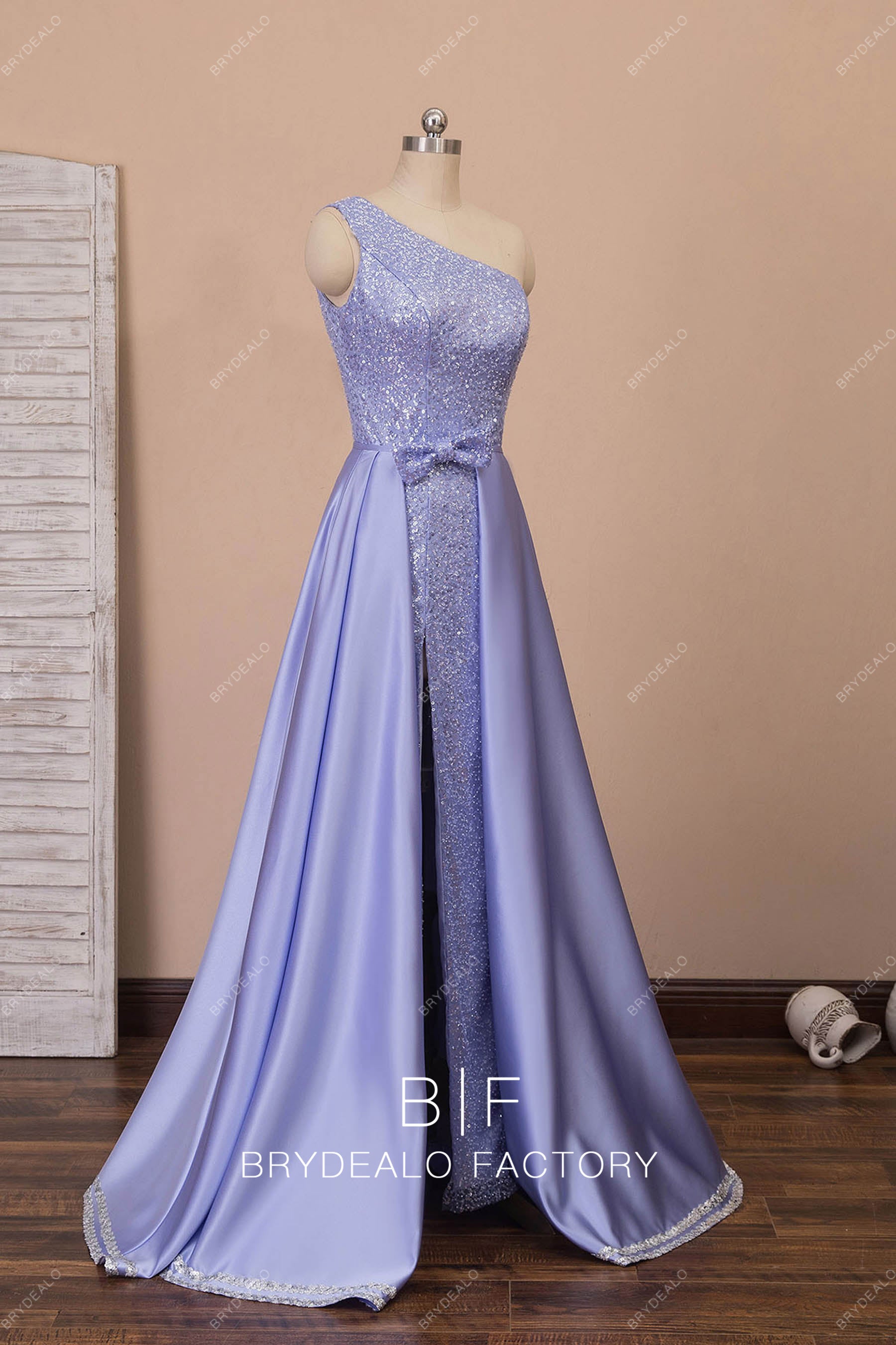 one shoulder detachable overskirt prom dress