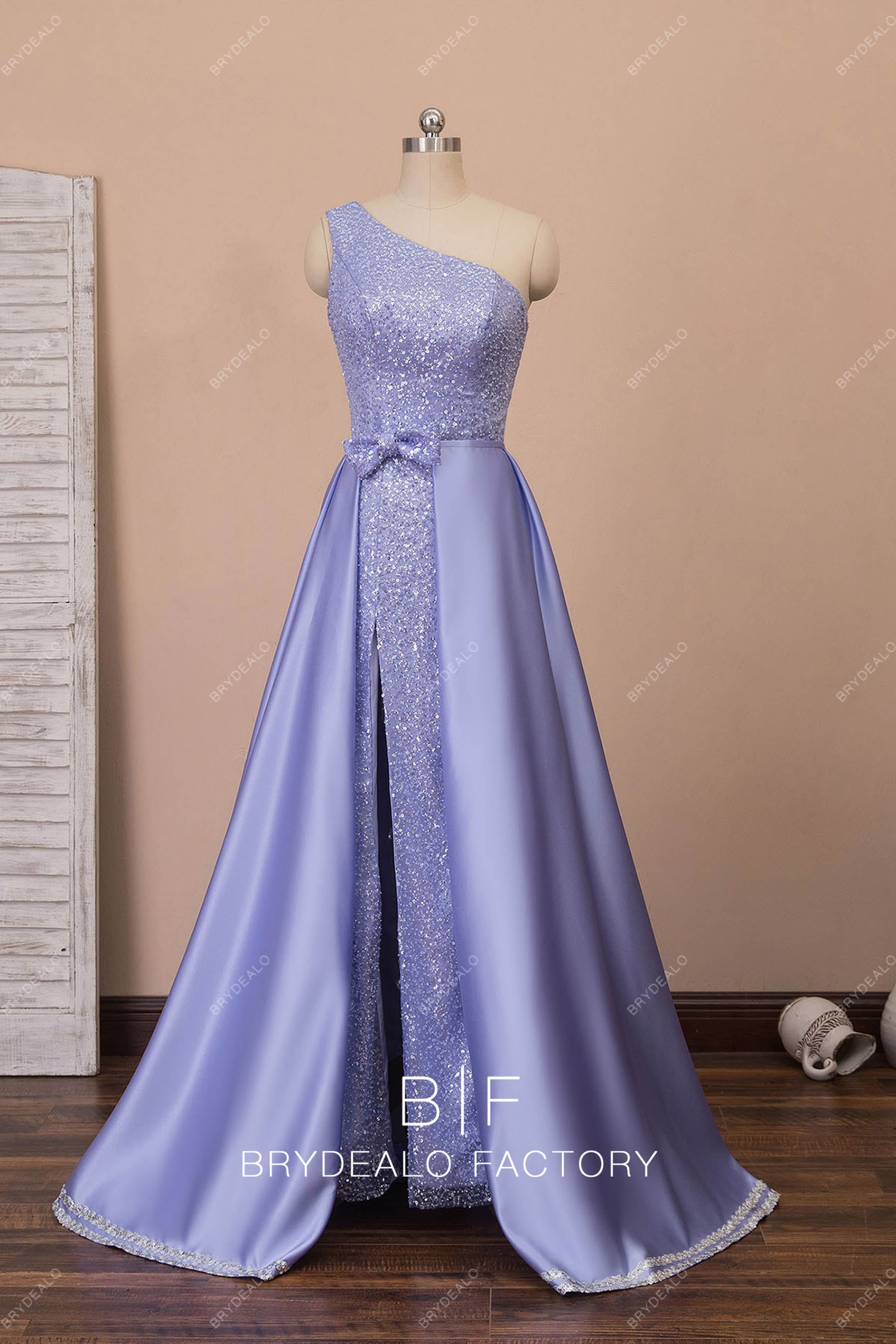lilac one shoulder prom dress