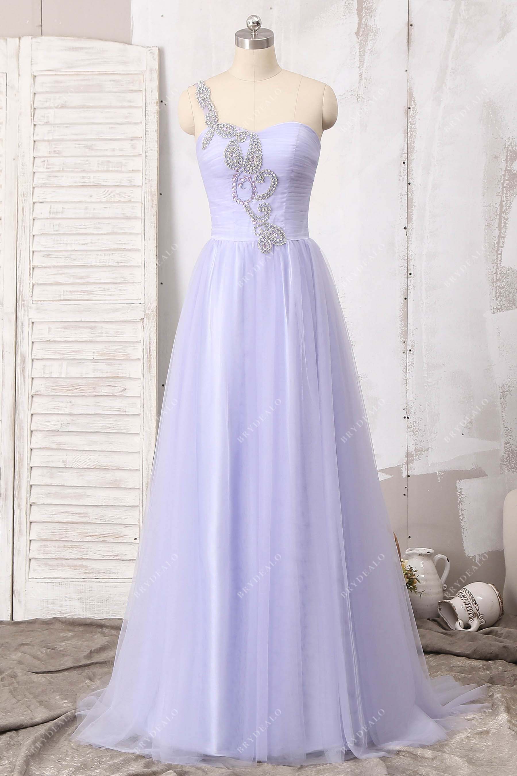 lilac one shoulder A-line tulle prom dress
