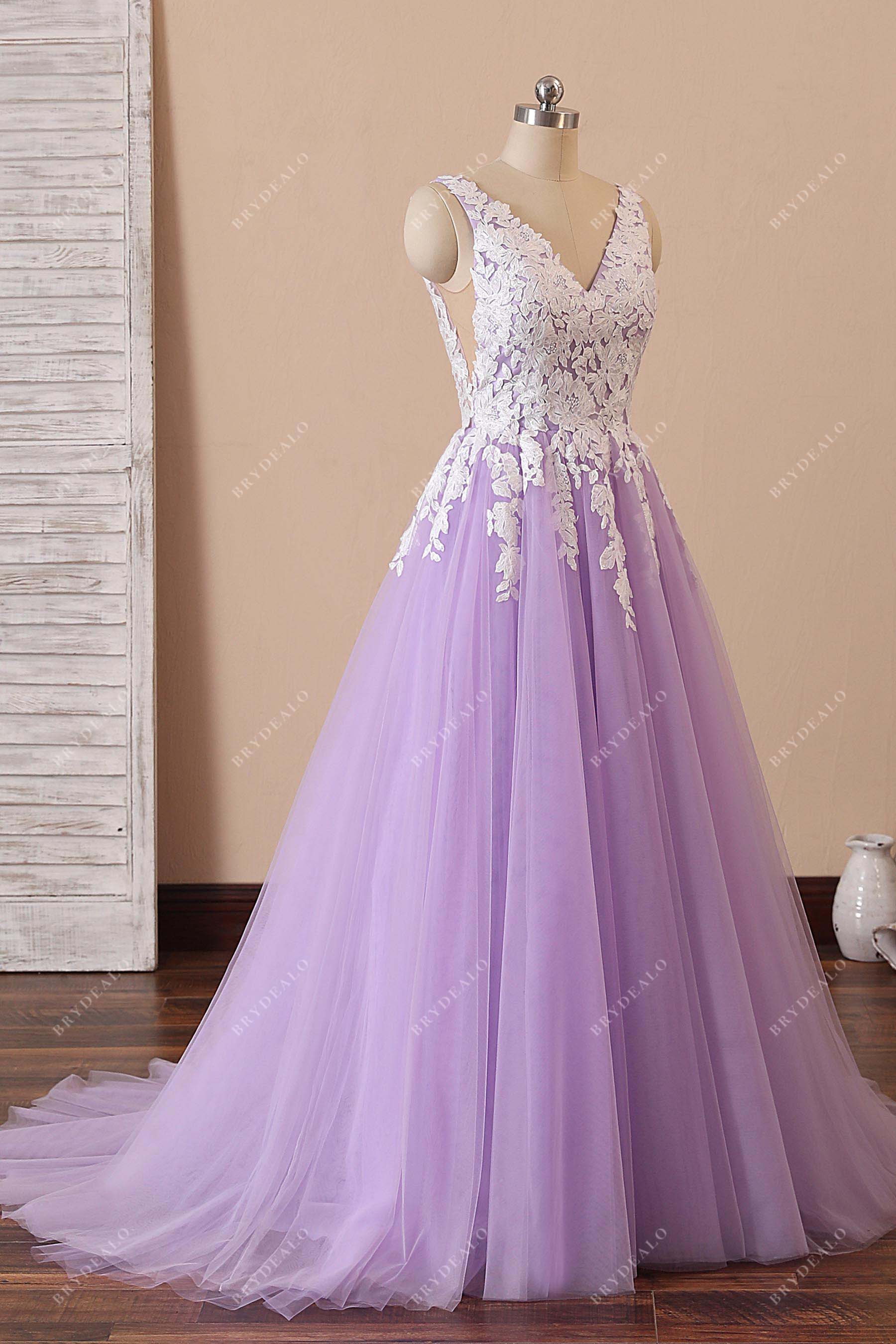lace v-neck lilac tulle A-line formal dress