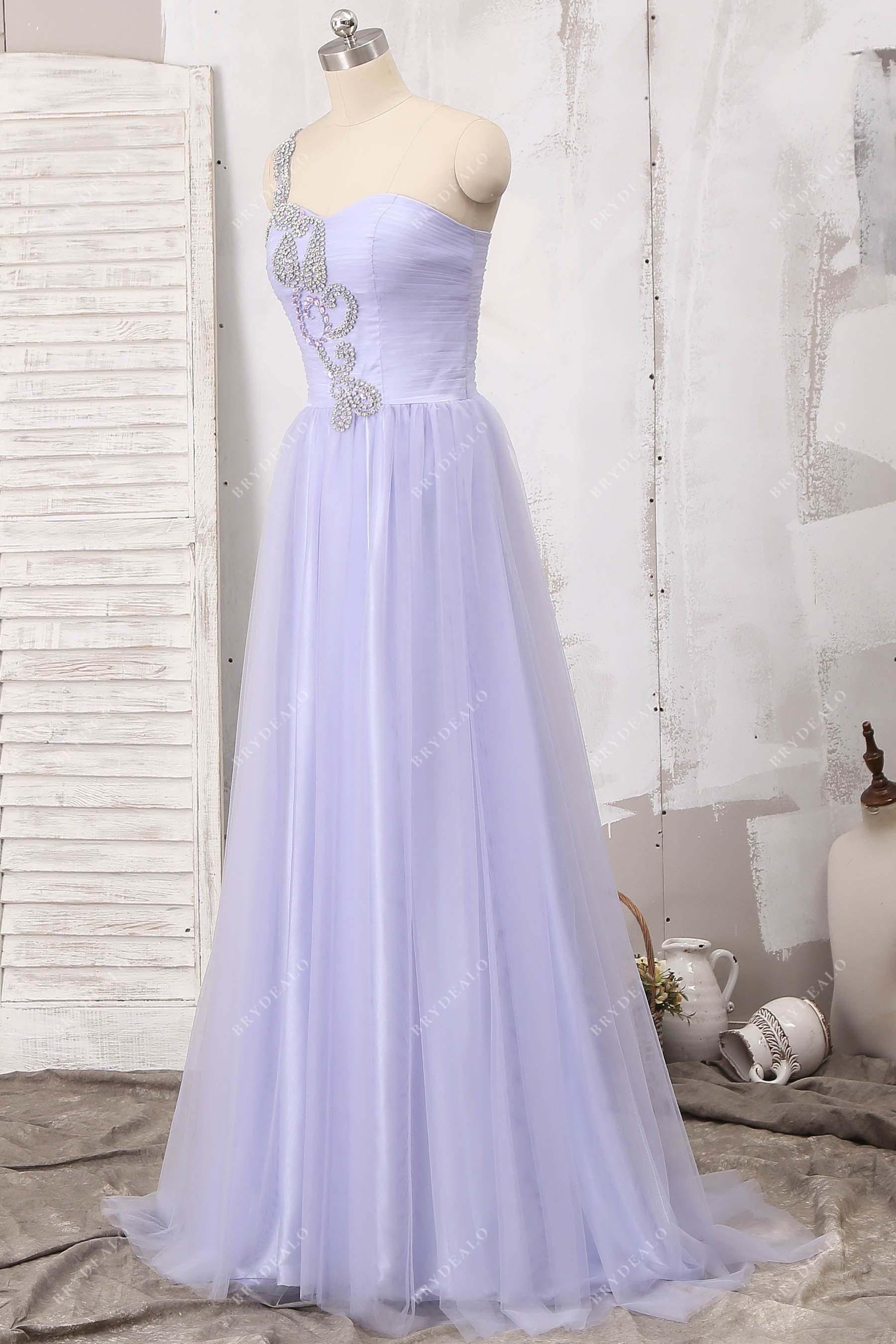 rhinestone strap ruched tulle formal dress