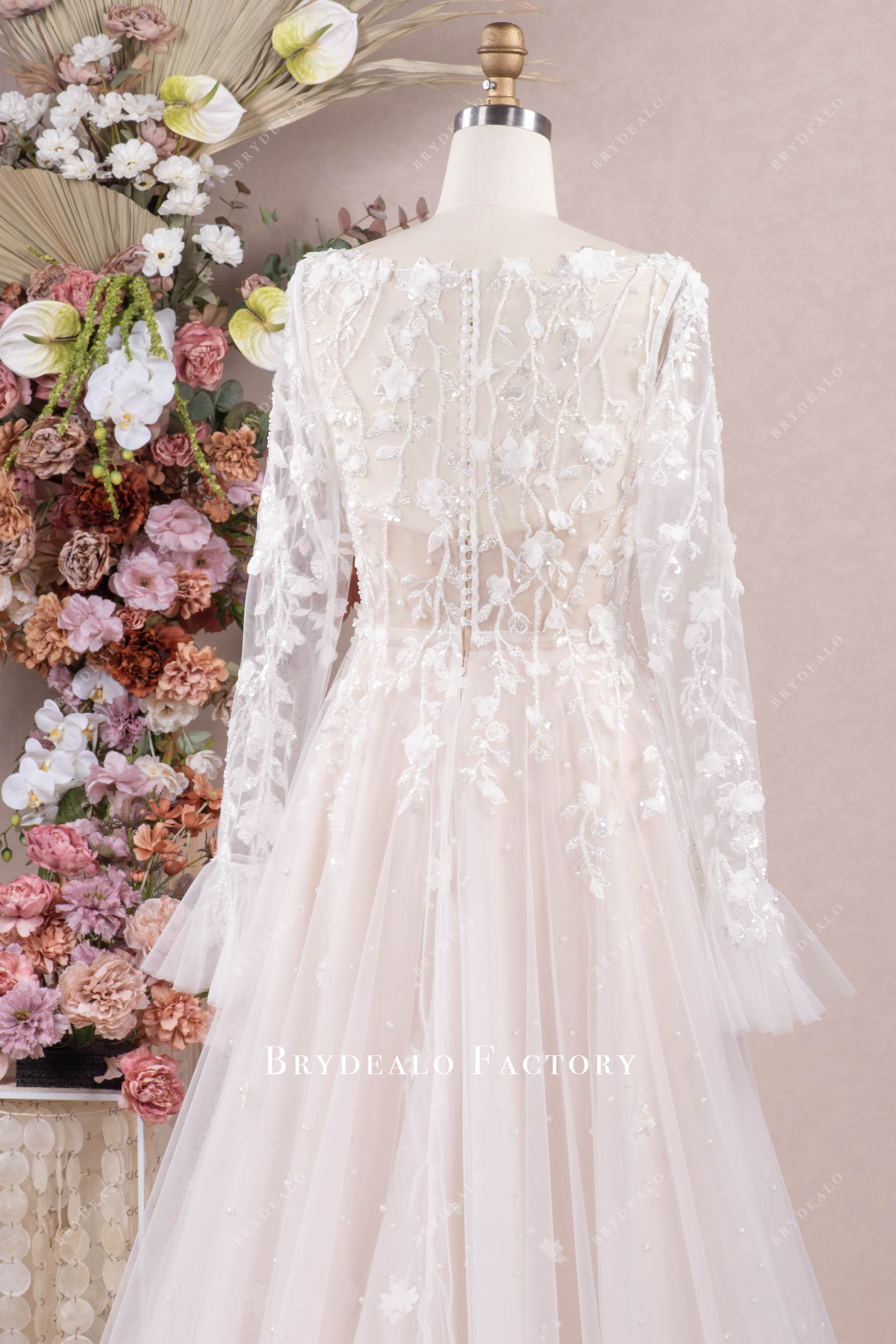 long bell sleeve sparkly lace illusion back bridal dress