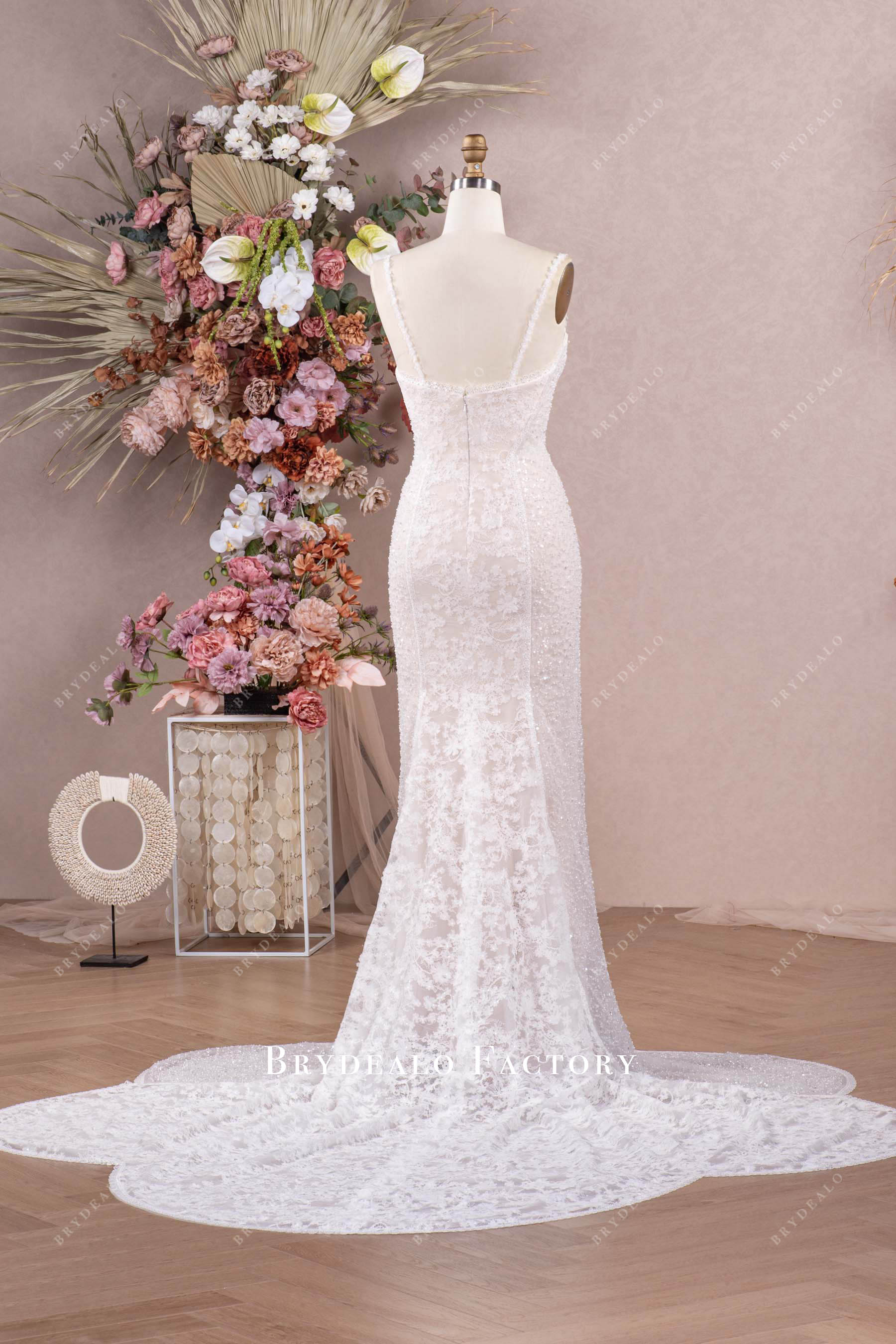 beaded flower lace long cutout  mermaid wedding dress