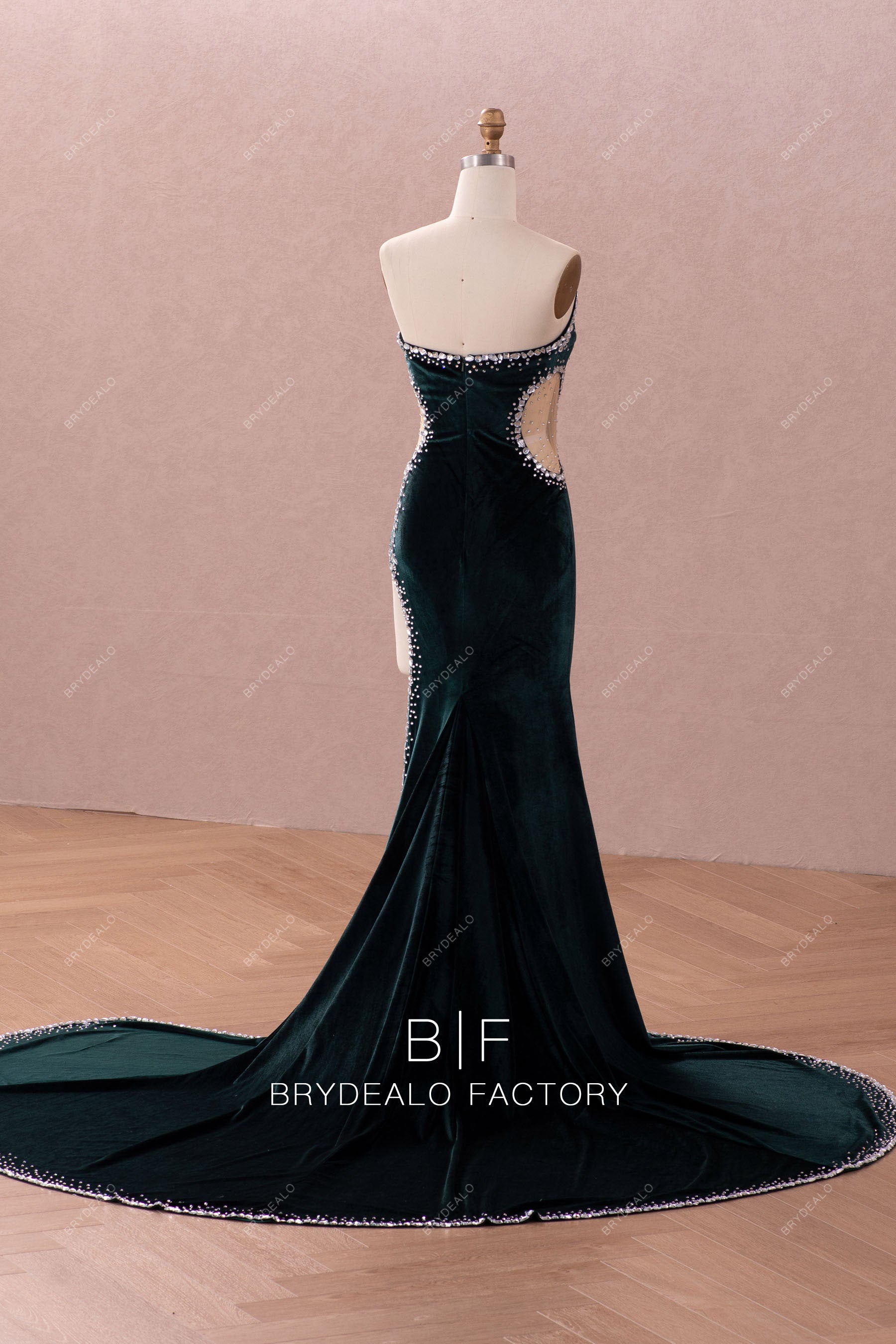 dark green velvet cutout evening dress