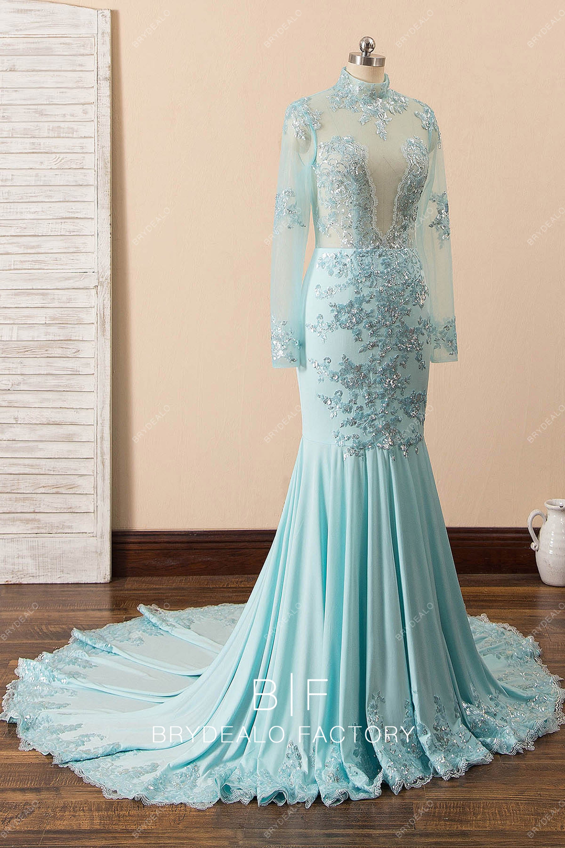 lace applique long train prom dress
