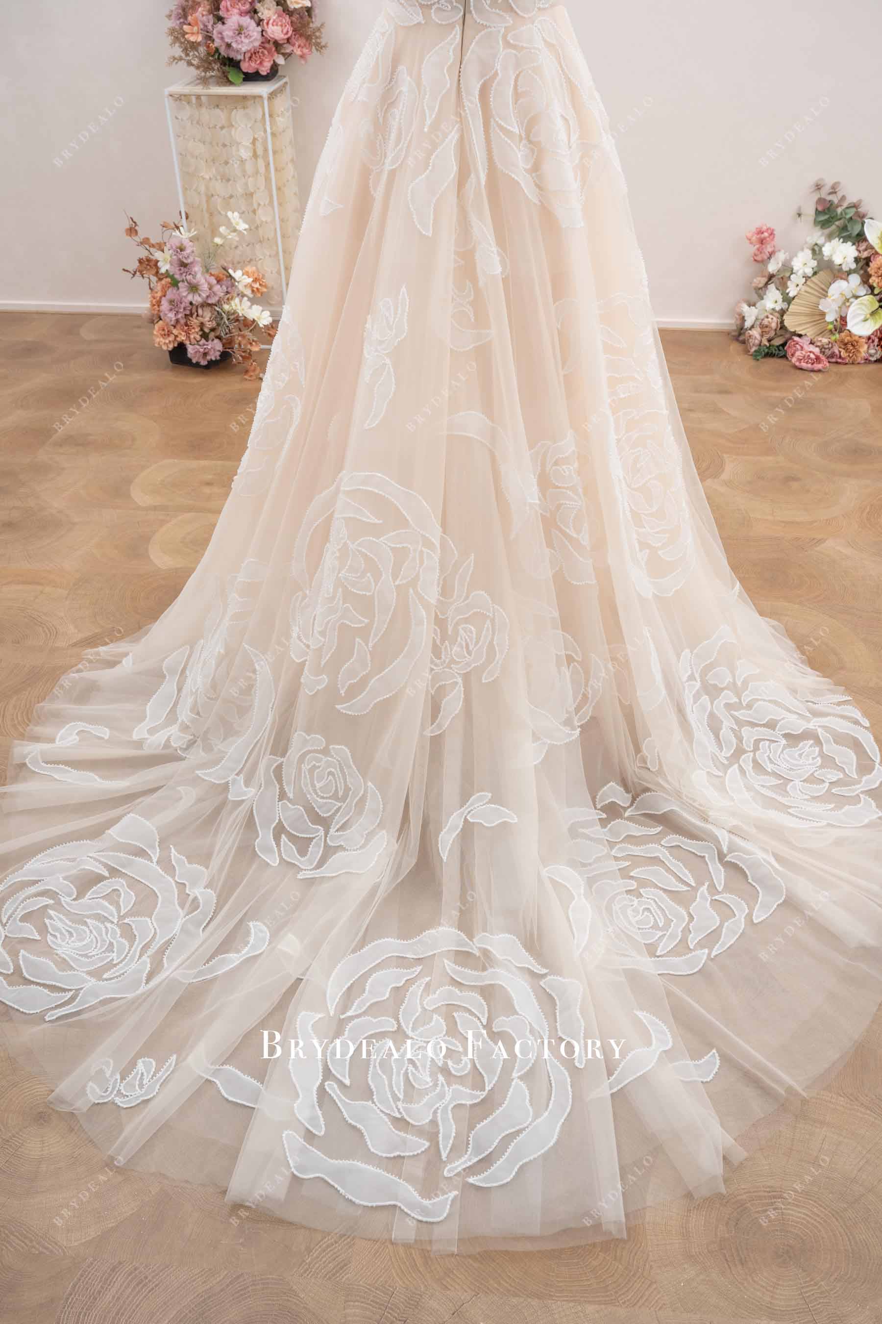 long flower train wedding dress