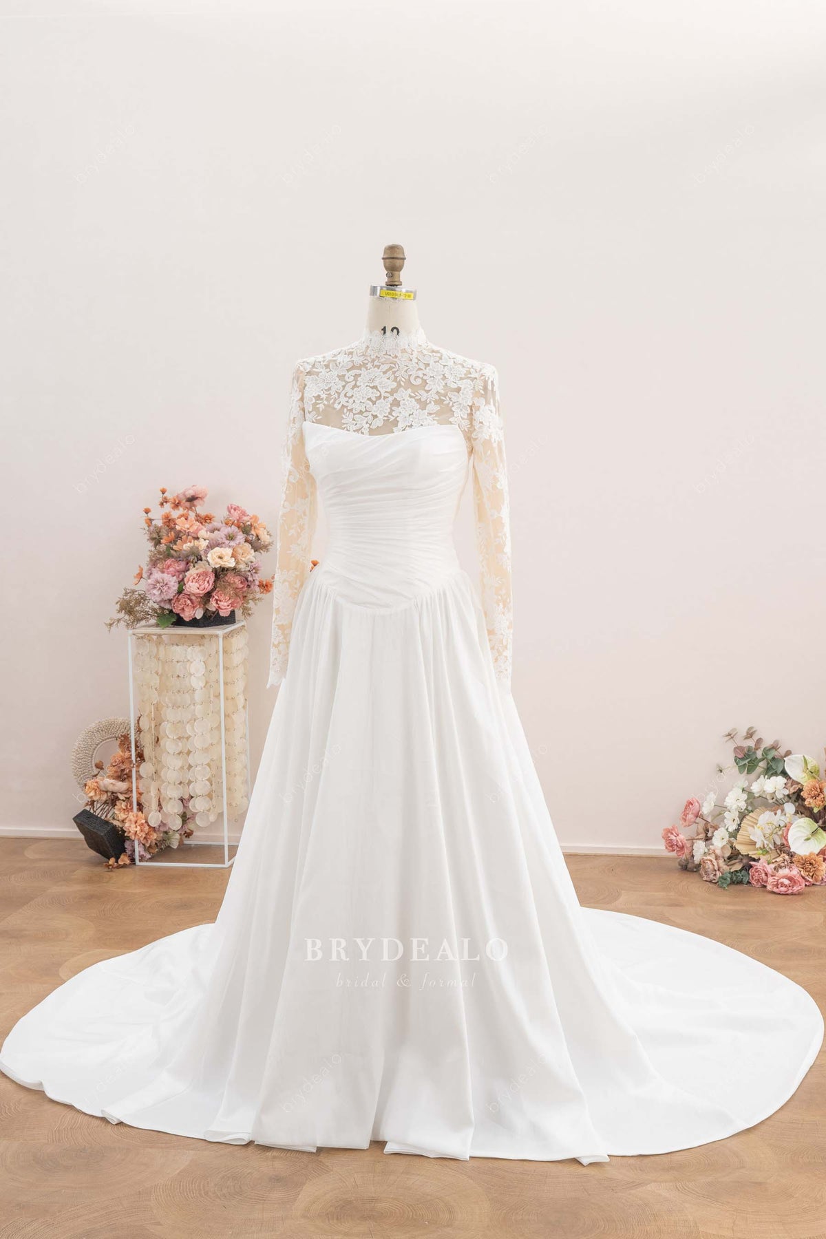 long lace satin A-line wedding dress
