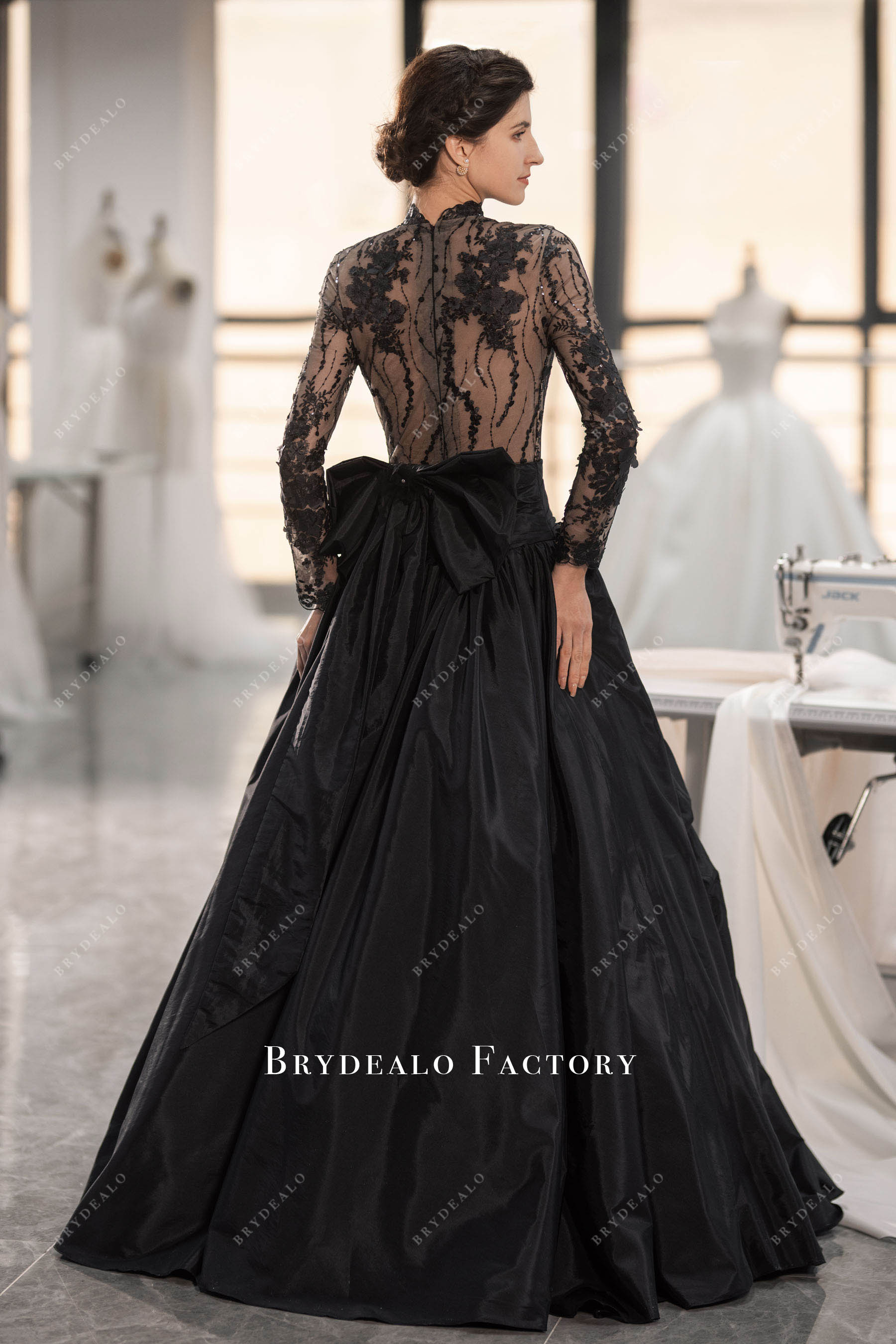 long lace long sleeve taffeta wedding dress
