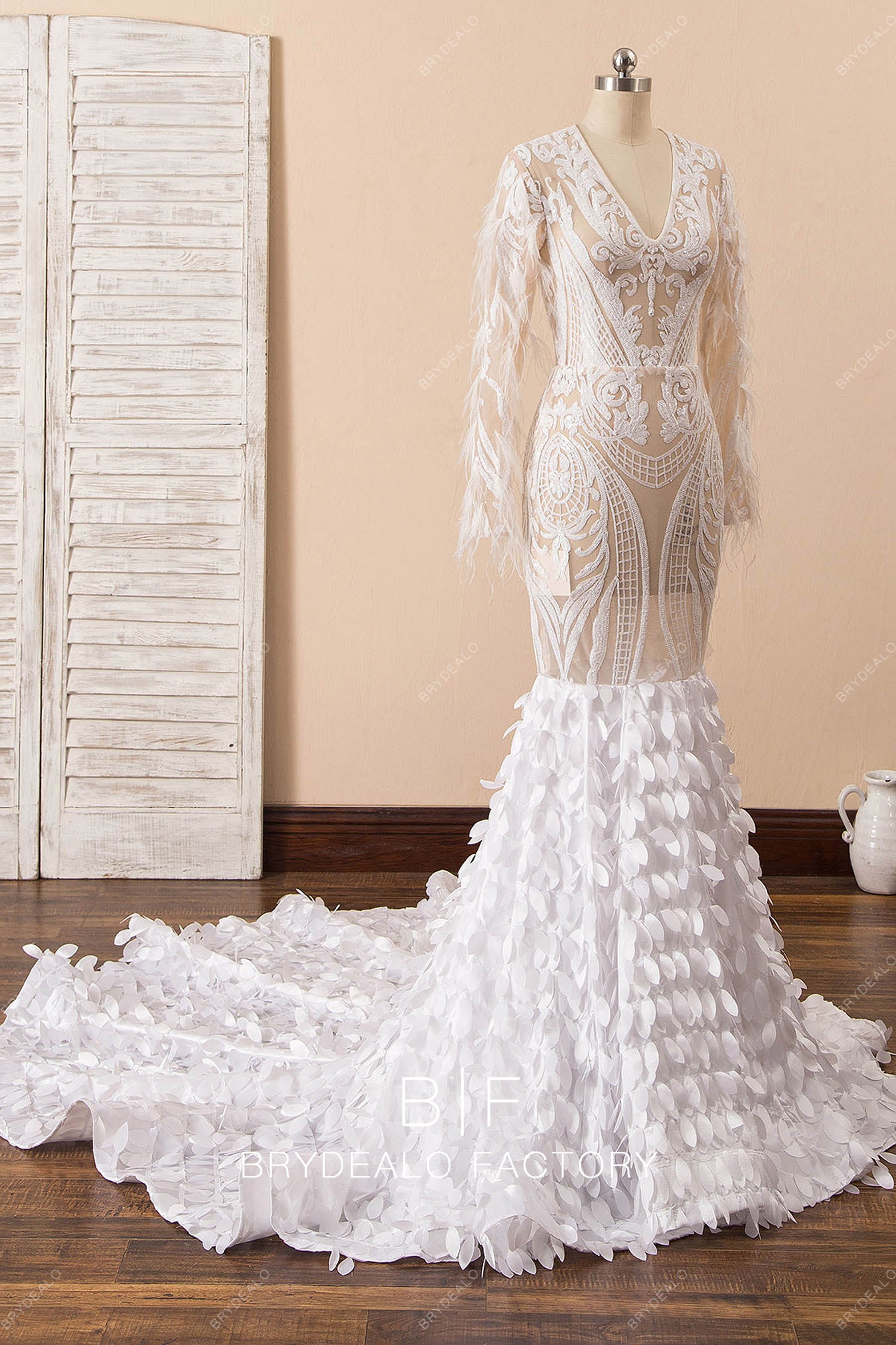 v-neck leaf long train prom dress