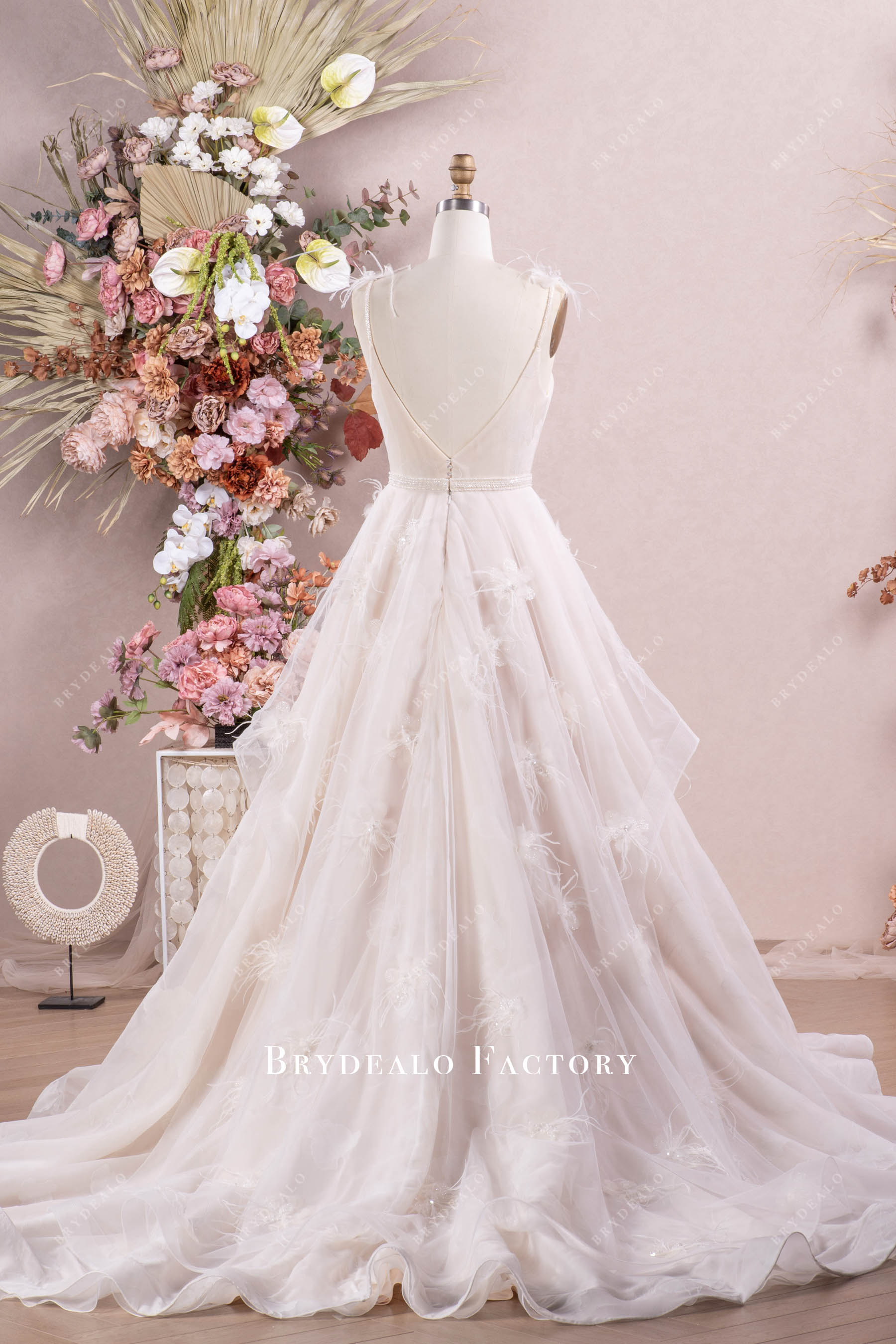 long ruffles flower wedding dress