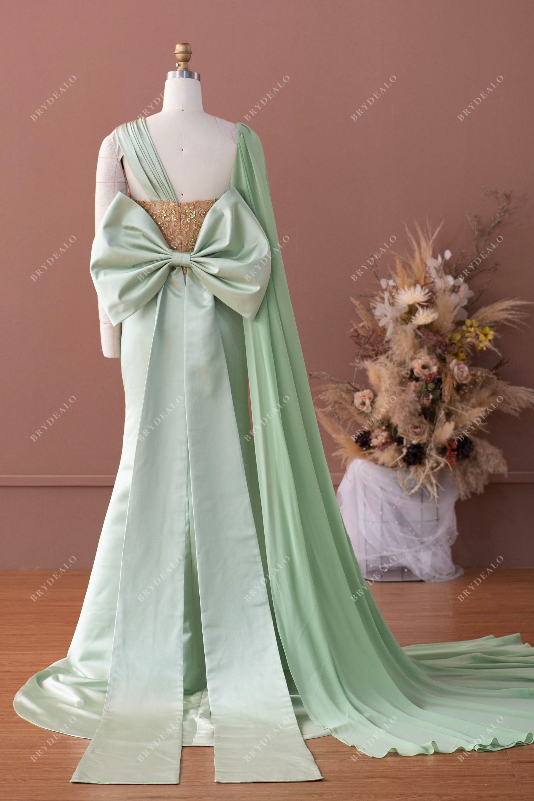 sage big bowknot mermaid prom dress
