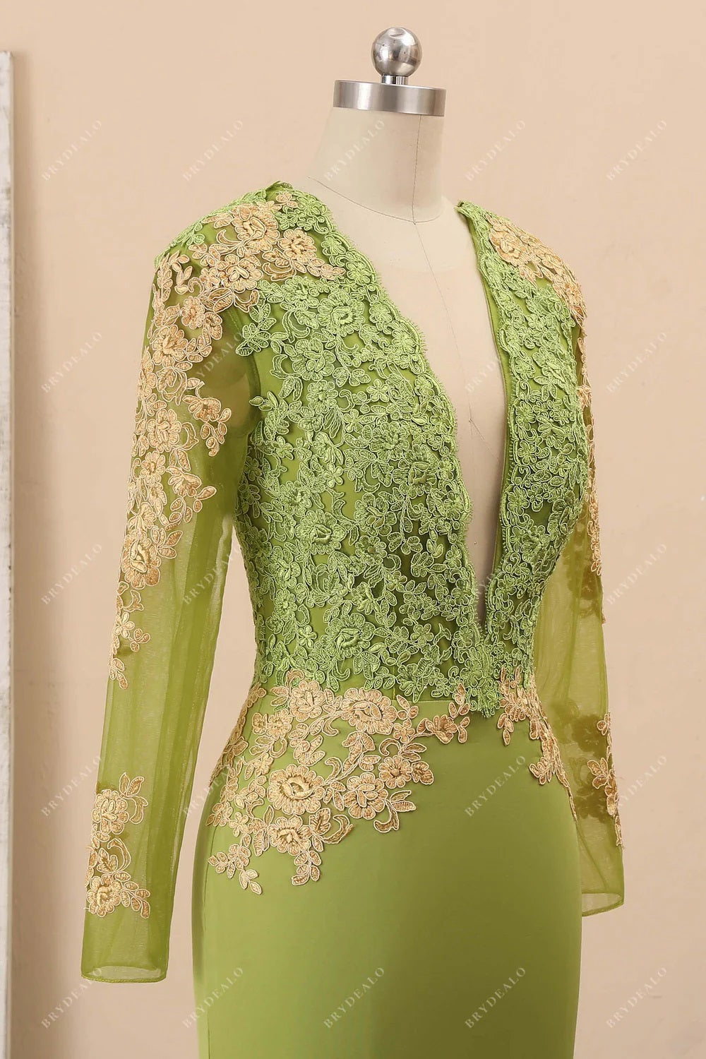 plunging neck illusion sleeve prom dress
