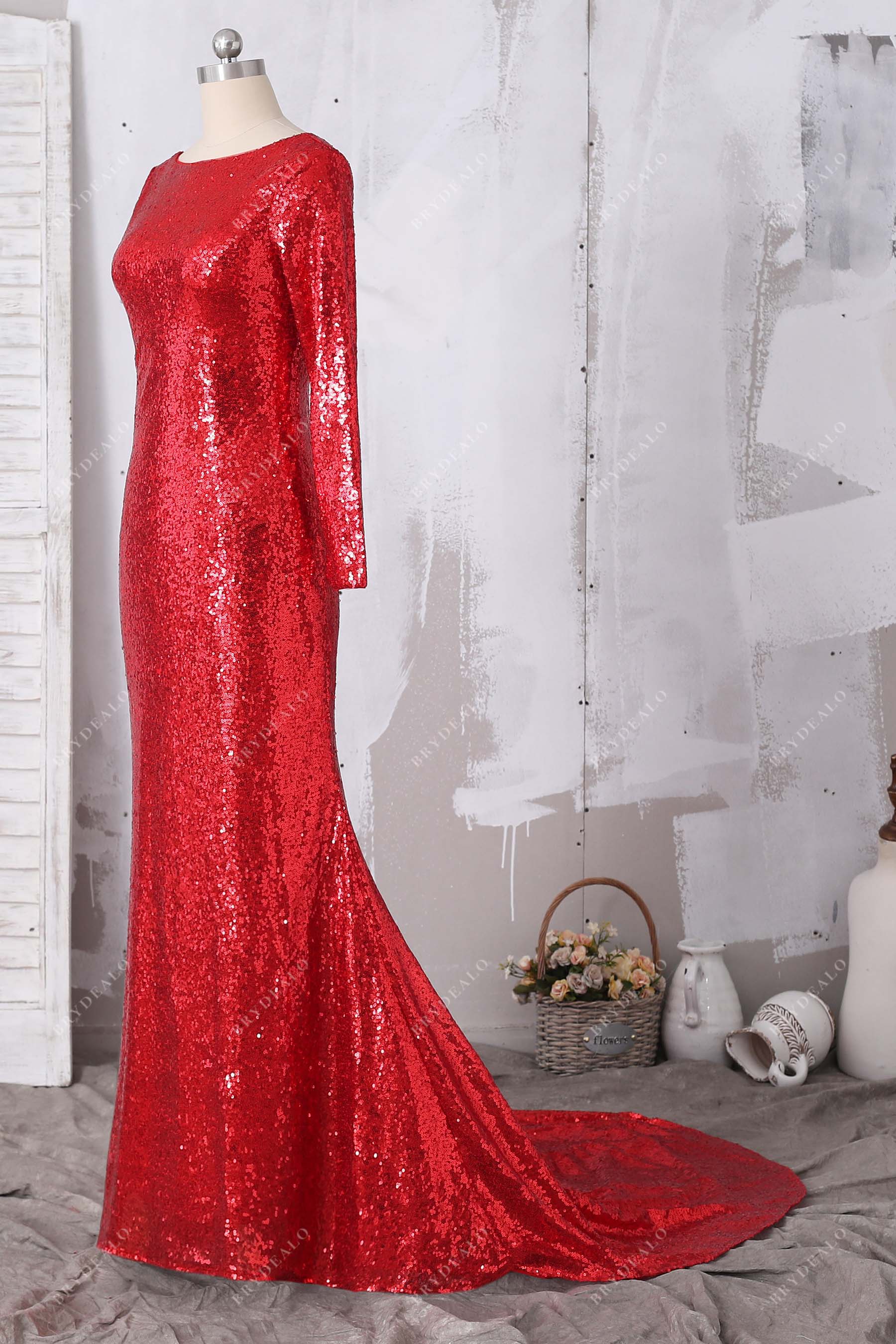 red sequin boat neck long train evening dress