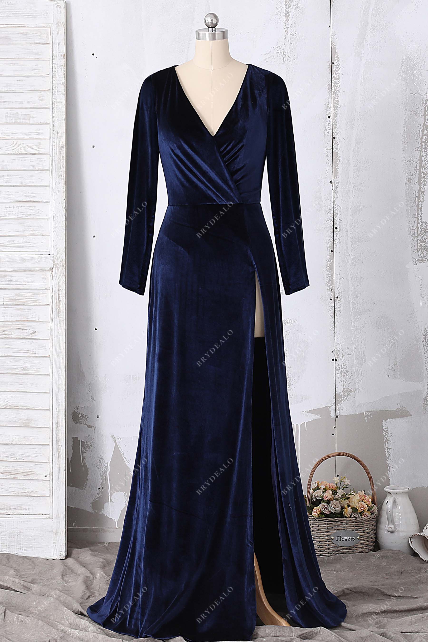 navy blue v-neck high slit velvet prom dress