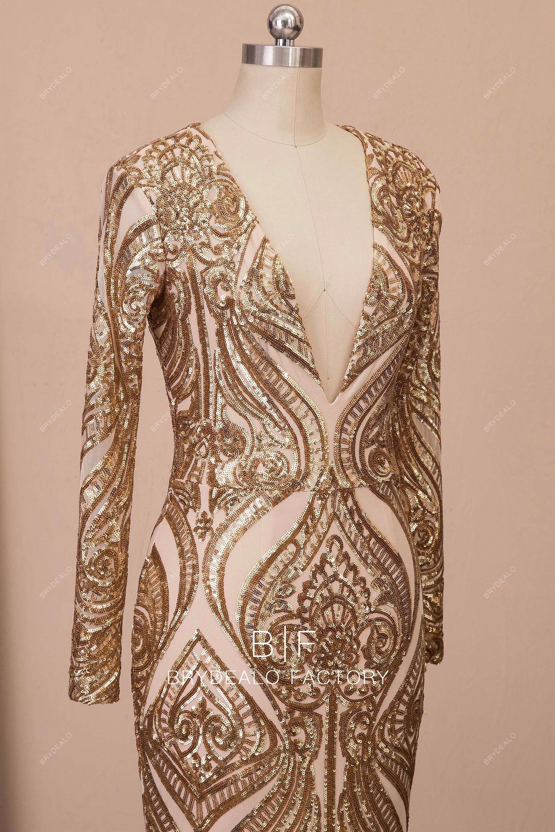 long sleeve V-neck plunging neck prom dress